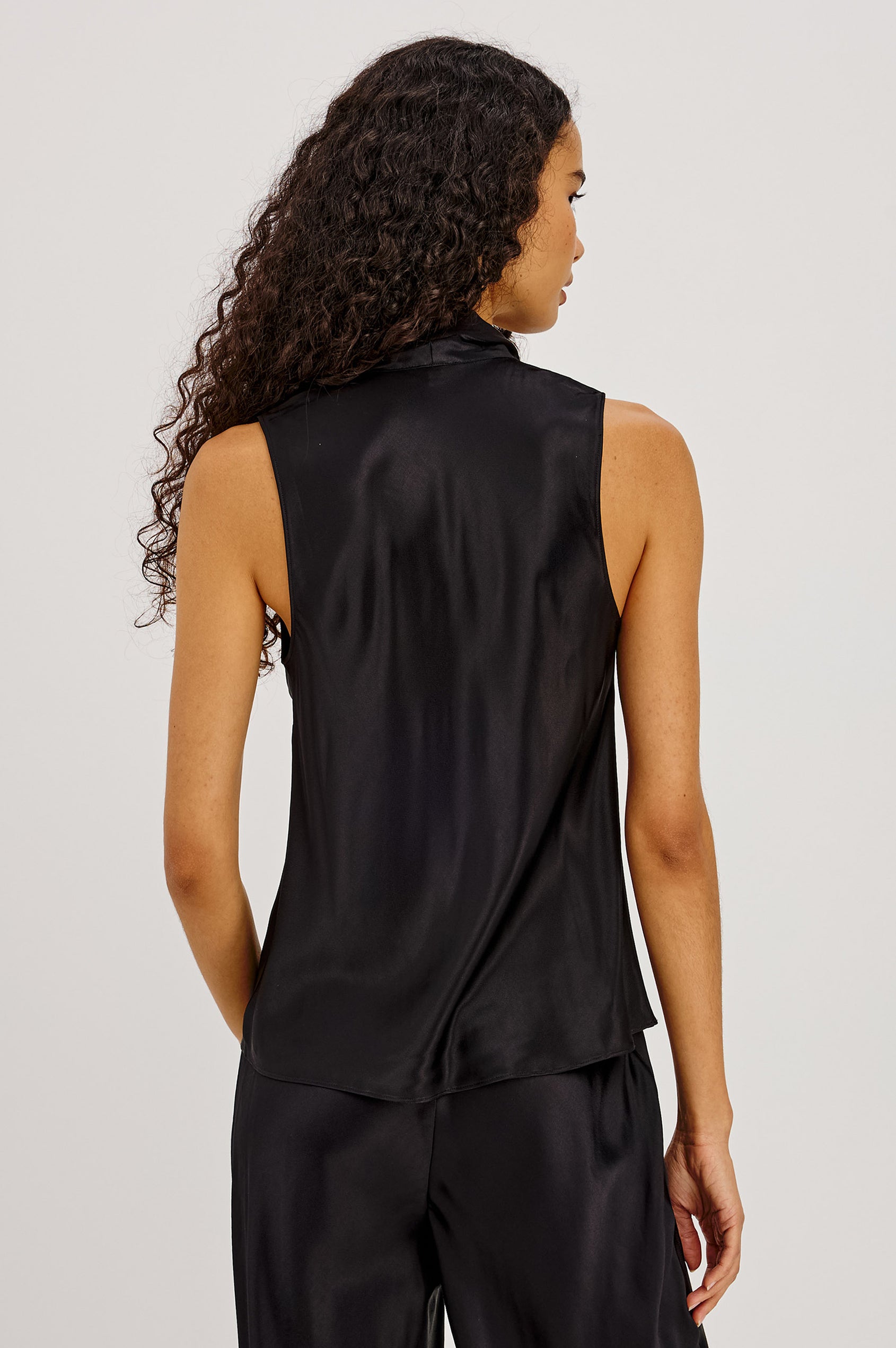 Poppy Shirt in Satin-Back Crepe With Deep V-Neckline, Attached Self-Tie Scarf, and Bias Cut in Black Colorway - Upper Body Back View Featured on Model
