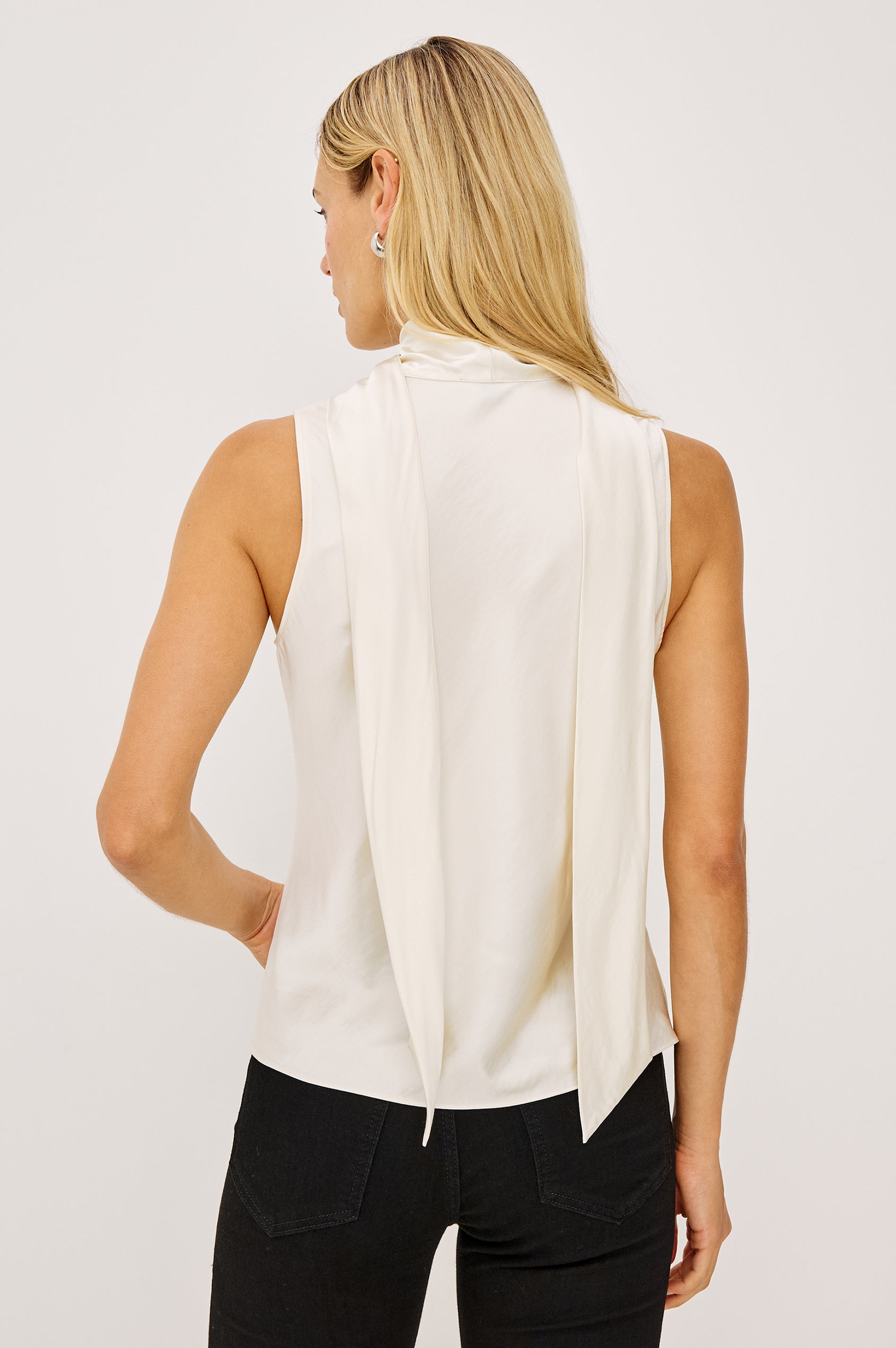 Poppy Shirt in Satin-Back Crepe With Deep V-Neckline, Attached Self-Tie Scarf, and Bias Cut in Ivory Colorway - Upper Body Back View Featured on Model