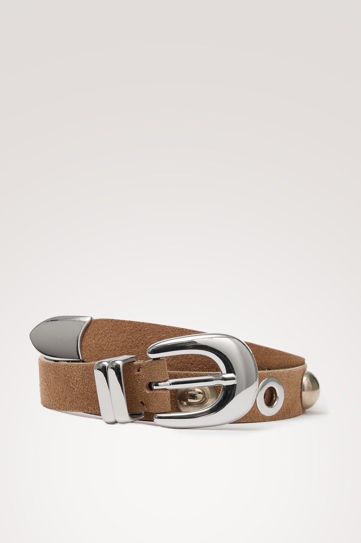 Presley Slim Belt in Leather With Adjustable Buckle and Grommet and Stud Hardware in Taupe Suede Silver Studded Colorway - Detail View of Buckle Featured