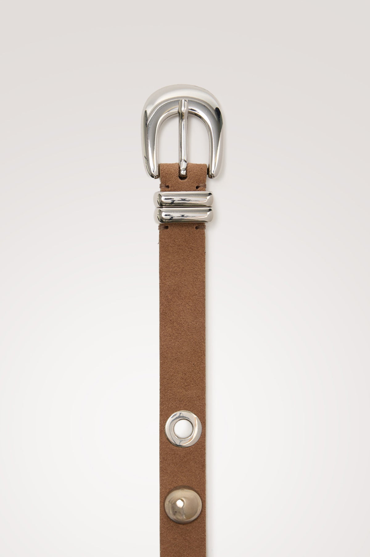 Presley Slim Belt in Leather With Adjustable Buckle and Grommet and Stud Hardware in Taupe Suede Silver Studded Colorway - Detail View of Buckle Featured