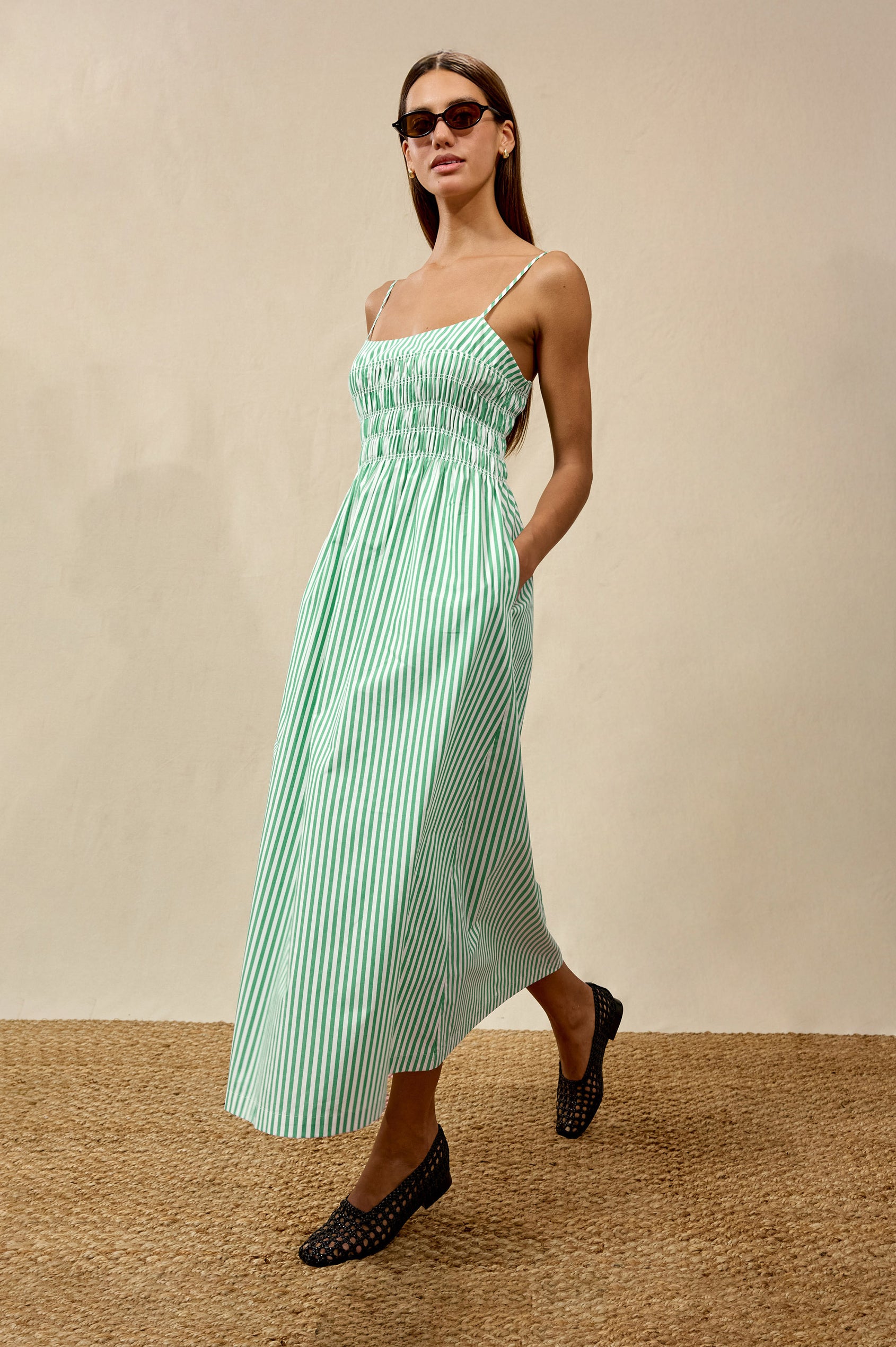 Primrose Maxi Dress in Cotton Poplin With Adjustable Shoulder Straps, Smocked Bodice in Emerald Stripe Colorway - Full Body Front View Featured on Model