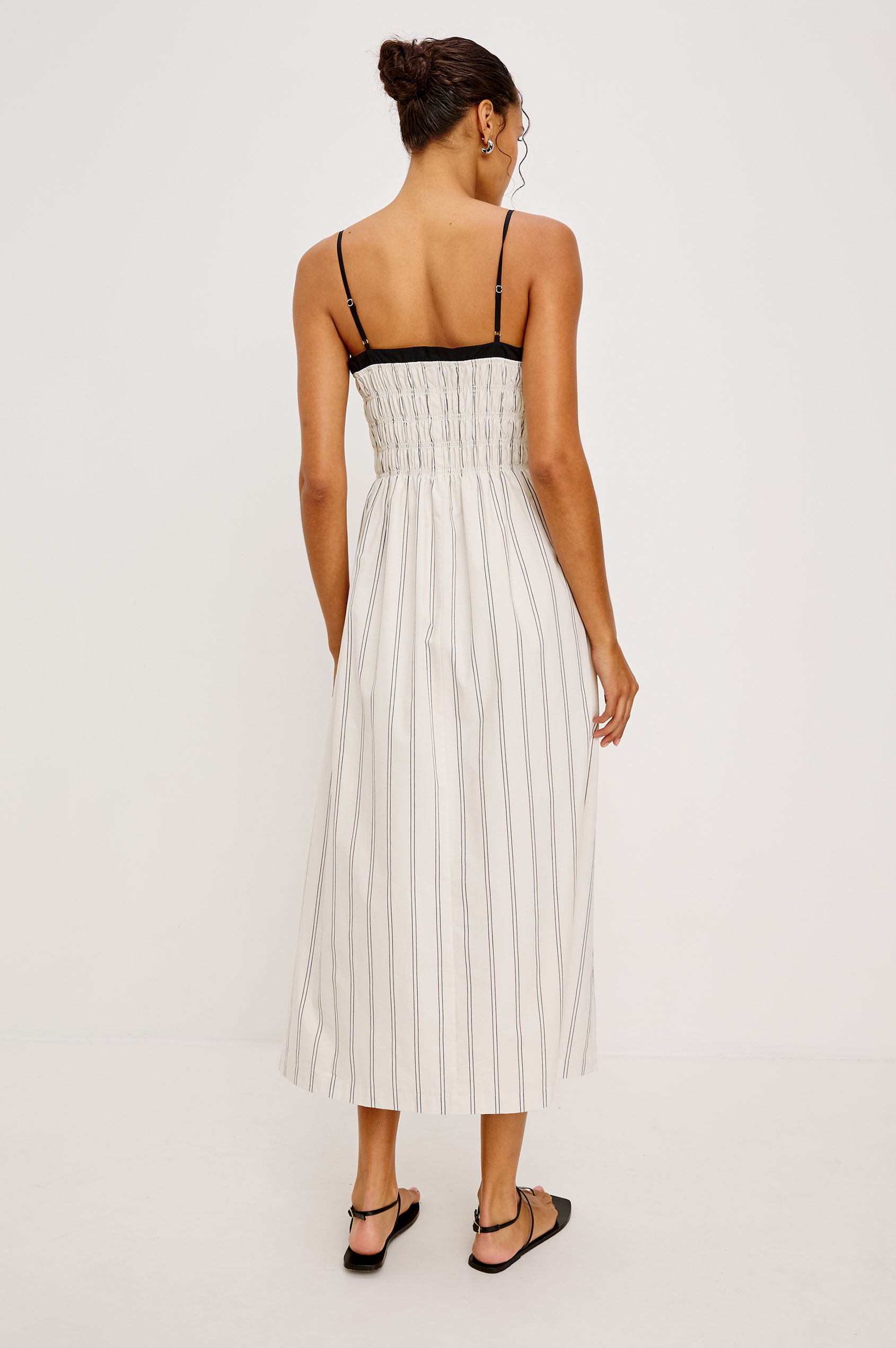 Primrose Maxi Dress in Cotton Poplin With Adjustable Shoulder Straps Smocked Bodice in Palma Stripe Colorway - Full Body Back View Featured on Model
