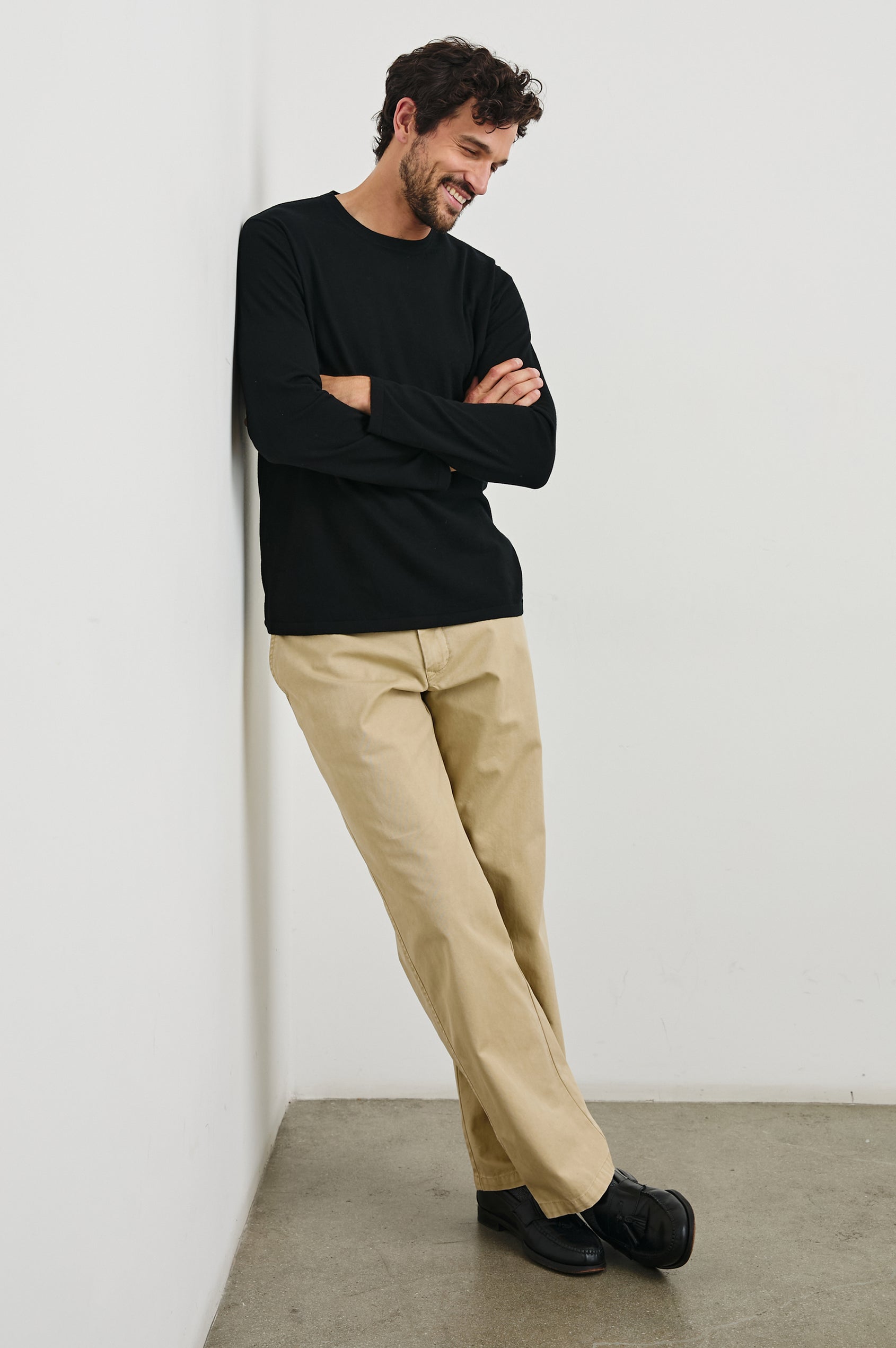 Quentin Cotton Cashmere Long Sleeve Tee with a Crew Neck in Black Colorway - Front Full Body View Featured on Model
