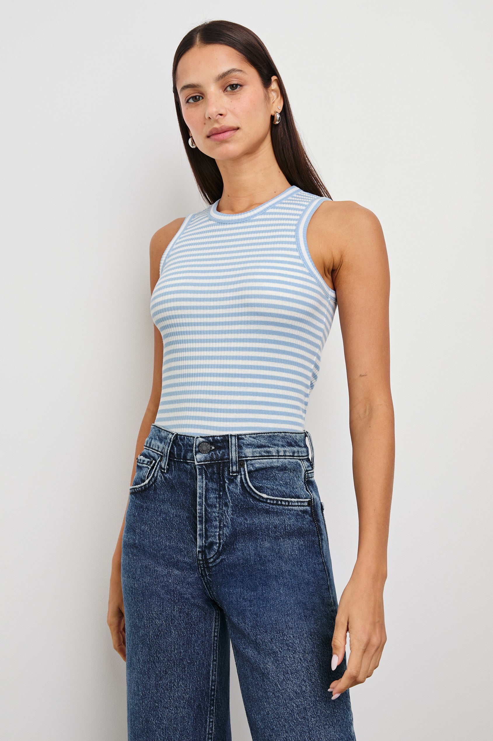 Fitted Racerback Tank with Chambray Blue Stripes - front view on model