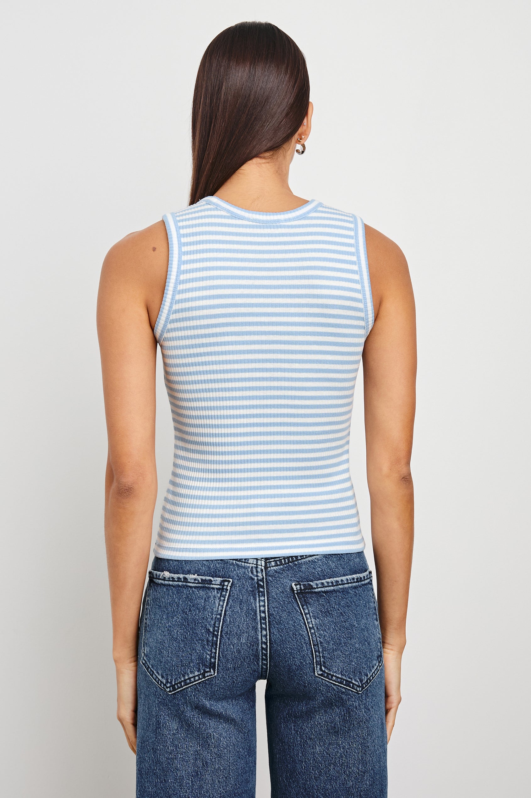 Fitted Racerback Tank with Chambray Blue Stripes - back view on model