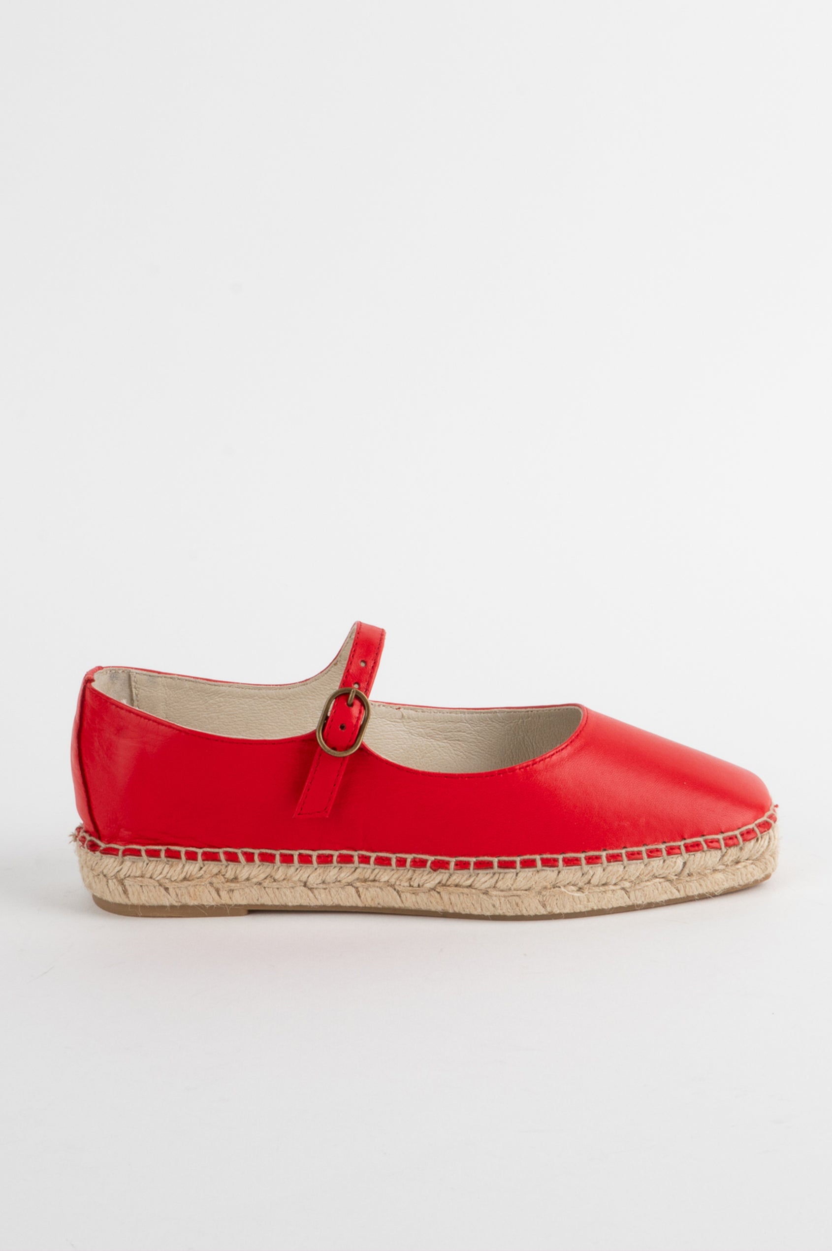Rafa square toe mary jane style flat with rope wrapped soles - side view of single shoe