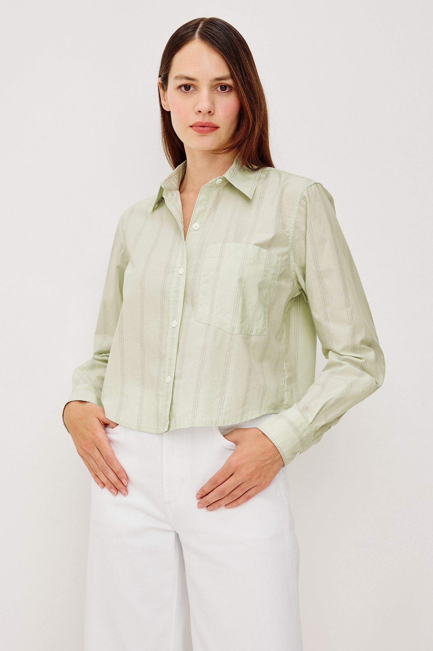 Ramy Cropped Button-Up Collared Shirt With Front Buttons and Long Sleeves in Leon Stripe Colorway - Upper Body Front View Featured on Model