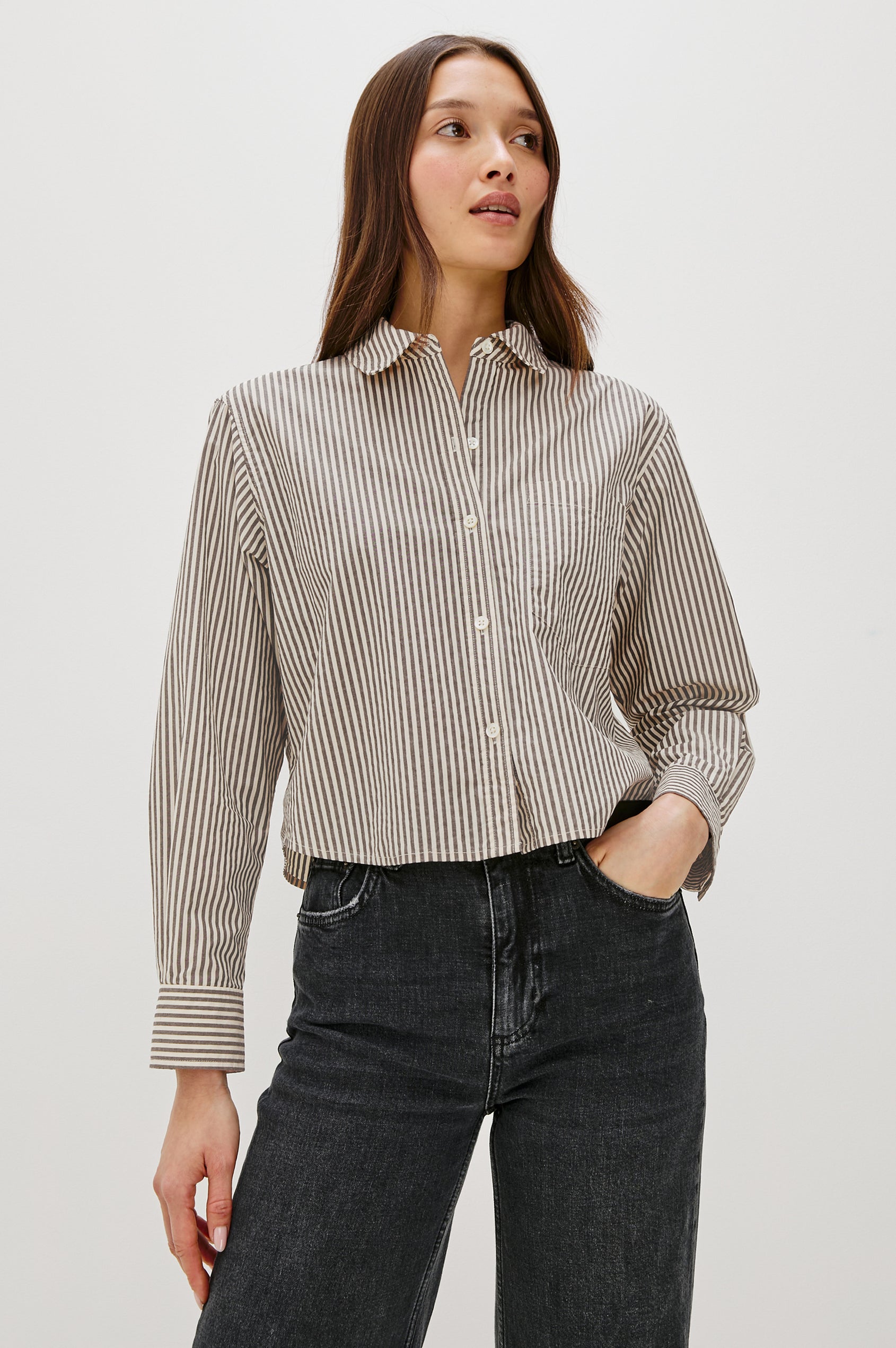 Ramy Long Sleeve Poplin Cotton Shirt With Shortened Hem In Colorway Noir Stripe - Front View Featured On Model