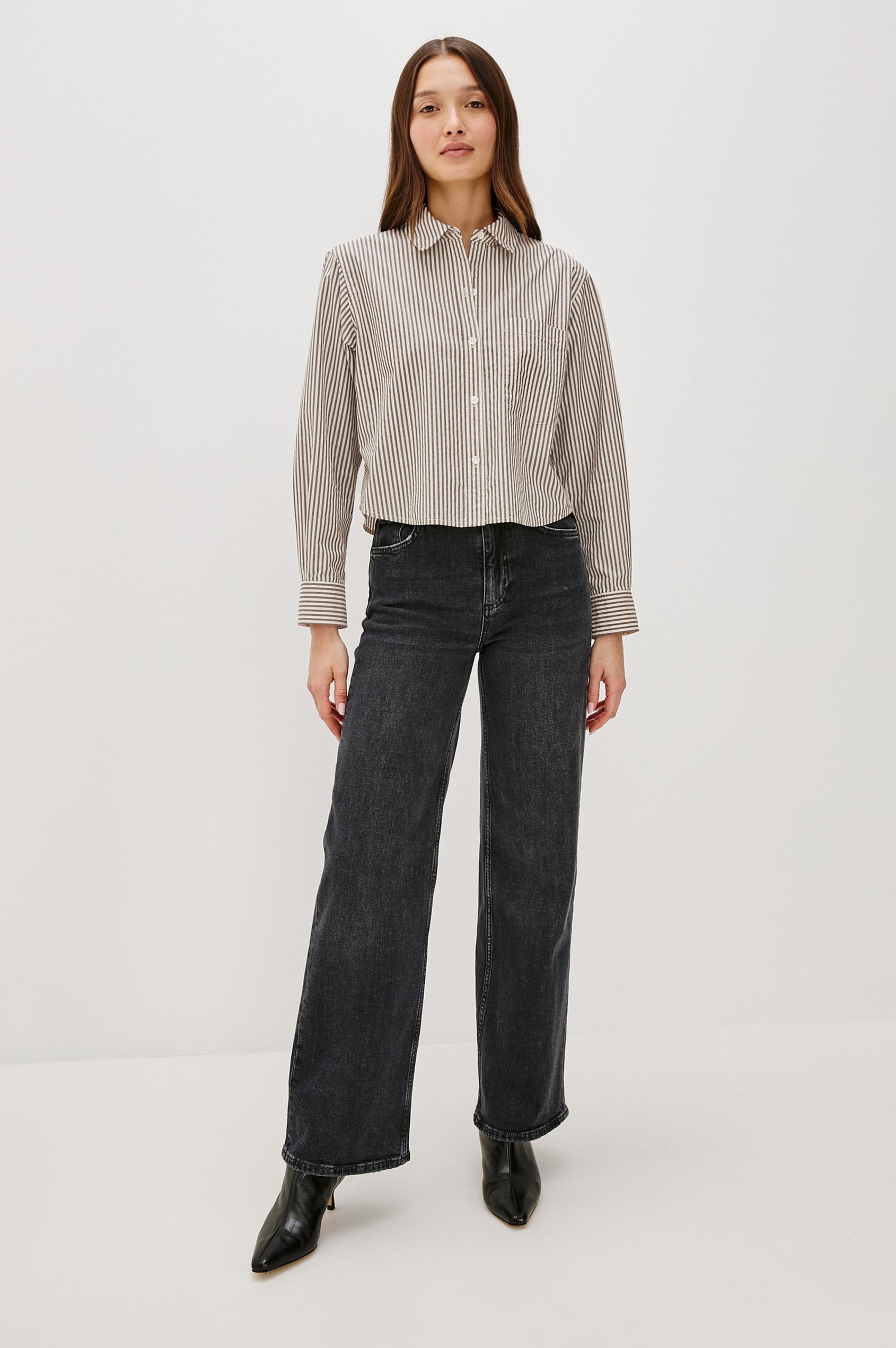 Ramy Long Sleeve Poplin Cotton Shirt With Shortened Hem In Colorway Noir Stripe - Full Body Front View Featured On Model