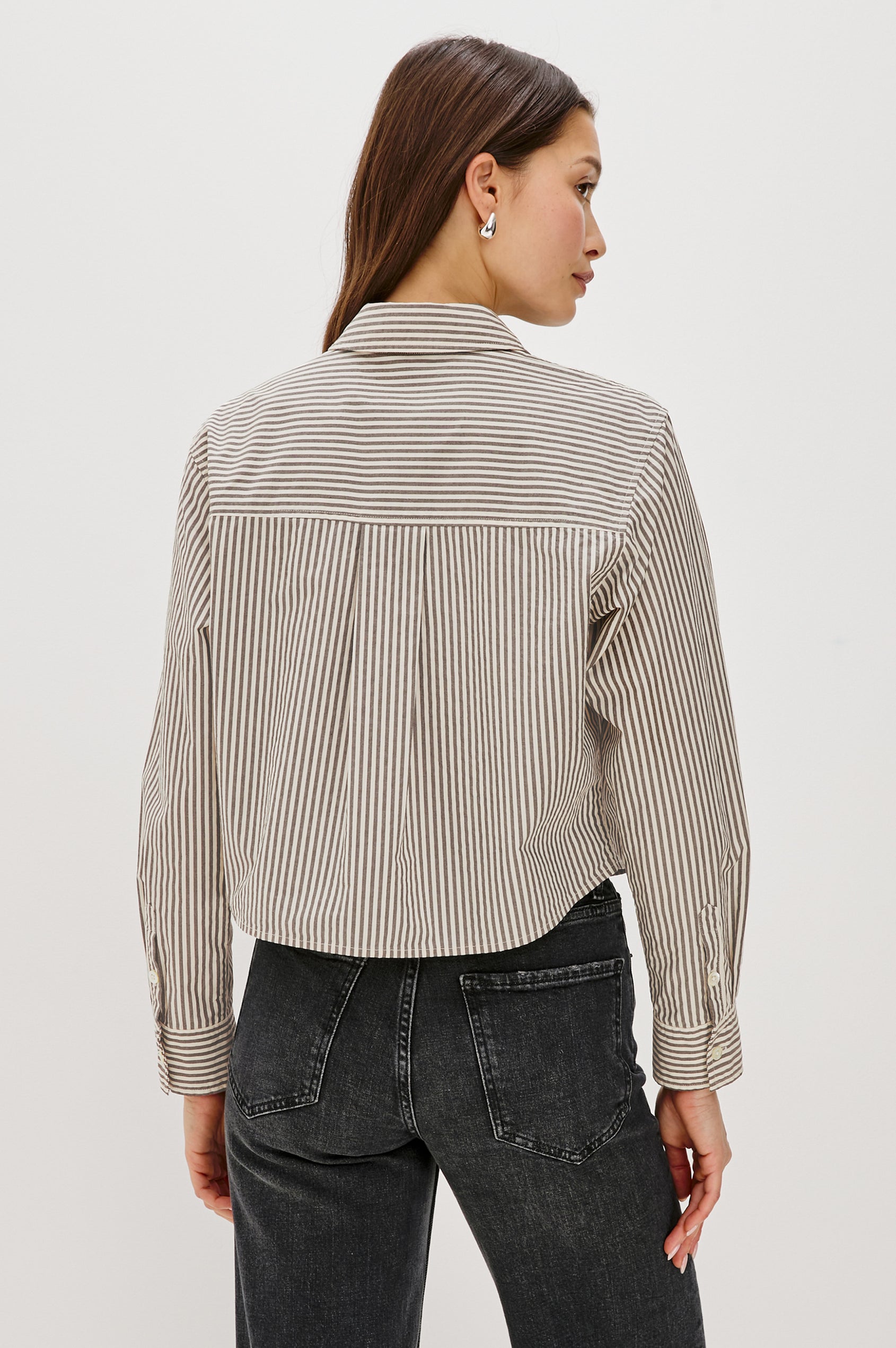 Ramy Long Sleeve Poplin Cotton Shirt With Shortened Hem In Colorway Noir Stripe - Back View Featured On Model