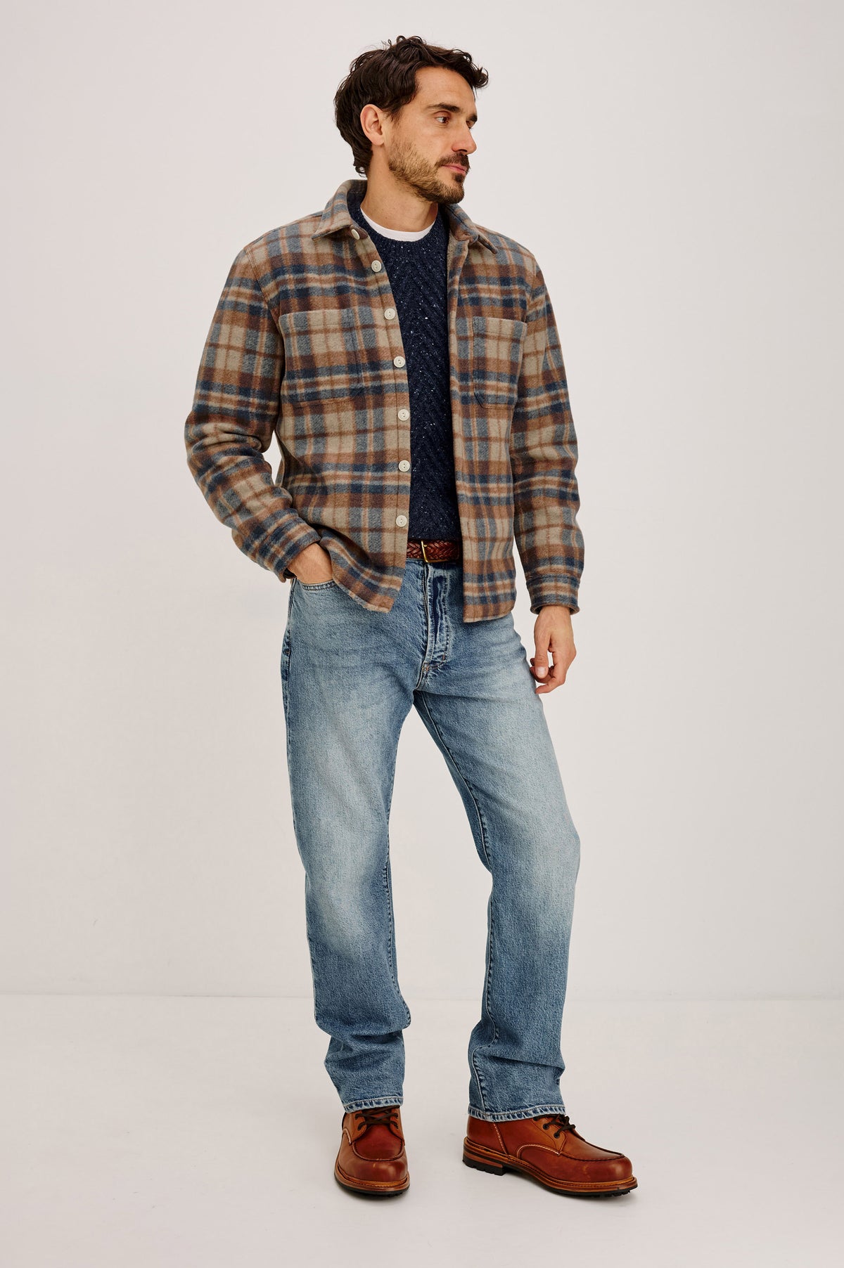 Ranger Jacket With Brushed Poly Outer Shell, Vegan Sherpa Lining, Quilted Long Sleeves, Point Collar, and Front Buttons in Robin Oat Colorway - Full Body Front View Featured on Model.