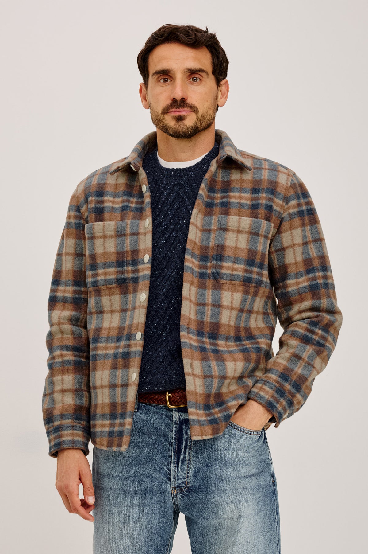 Ranger Jacket With Brushed Poly Outer Shell, Vegan Sherpa Lining, Quilted Long Sleeves, Point Collar, and Front Buttons in Robin Oat Colorway - Front View Featured on Model.