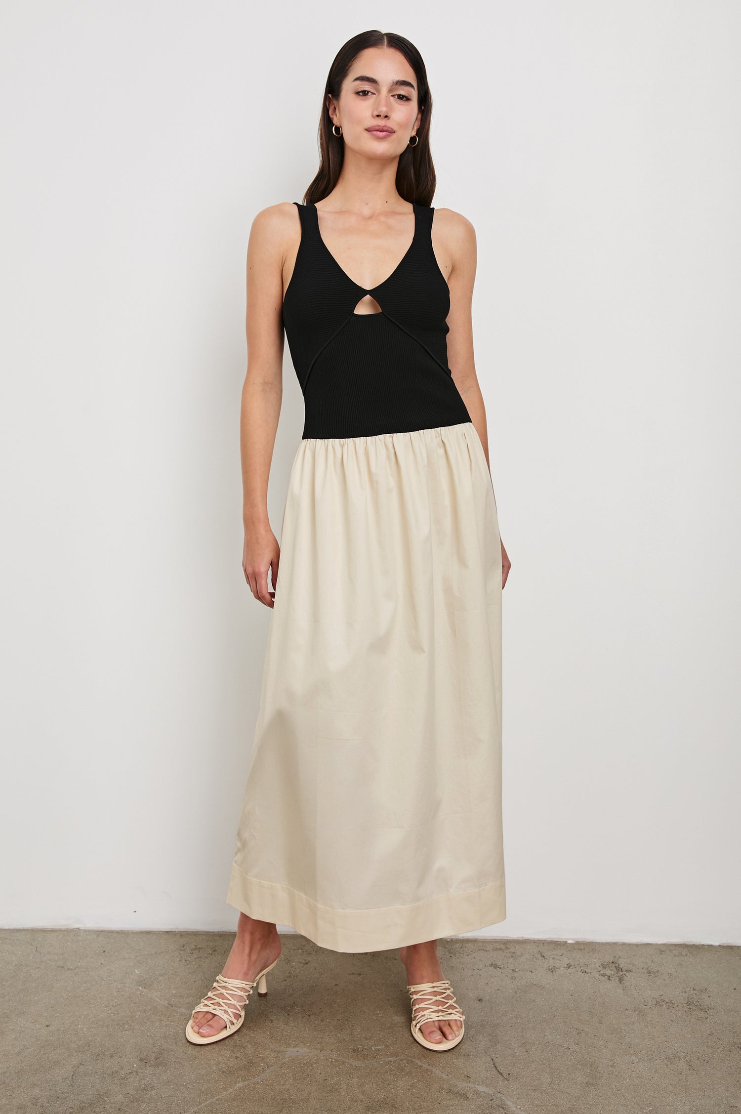 Raquel Maxi Dress with Straps, a Scoop Neckline with Keyhole and Pleats at Waistline in Black Ivory Colorway - Front Full Body View Featured on Model