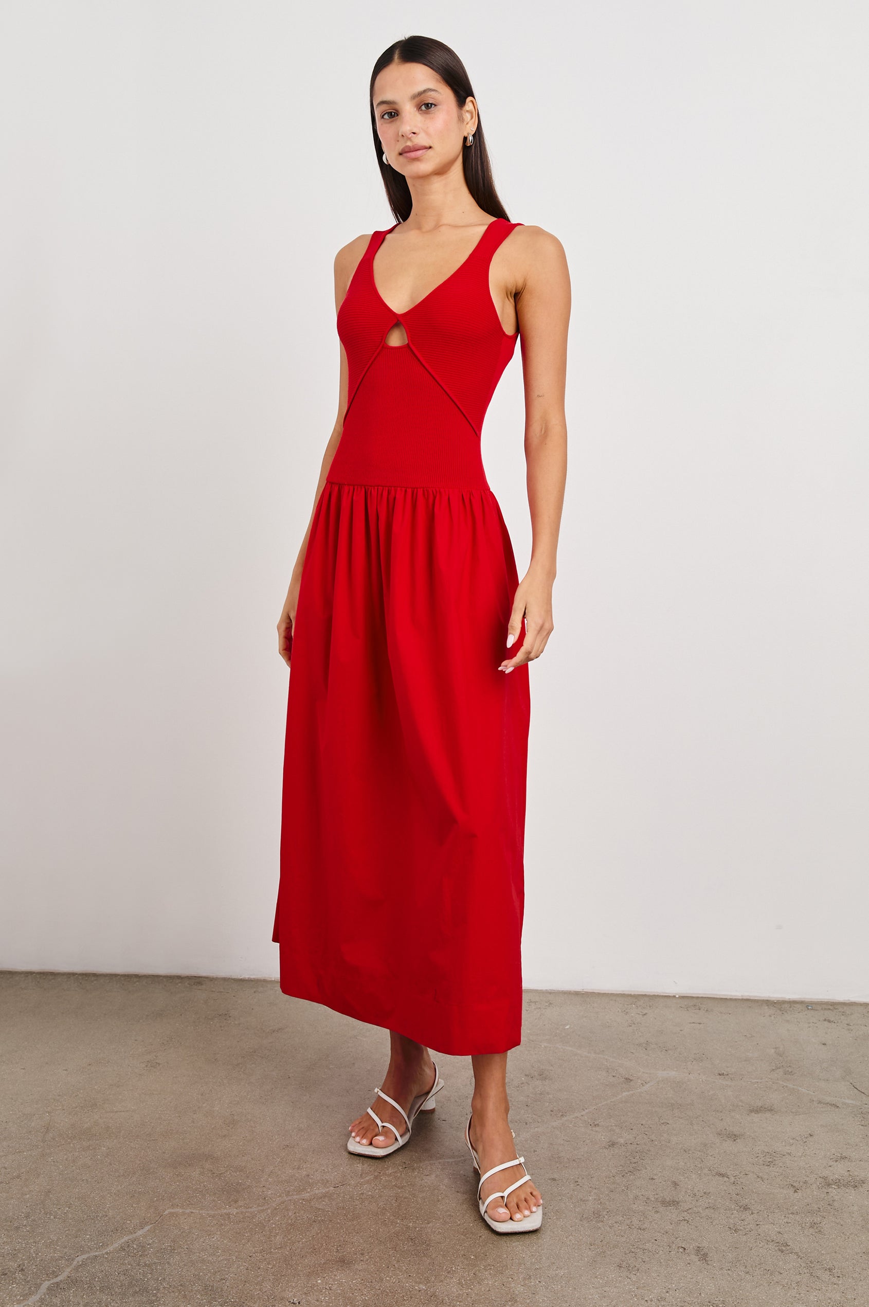 Raquel Maxi Dress with Straps, a Scoop Neckline with Keyhole and Pleats at Waistline in Cherry Colorway - Front Full Body View Featured on Model