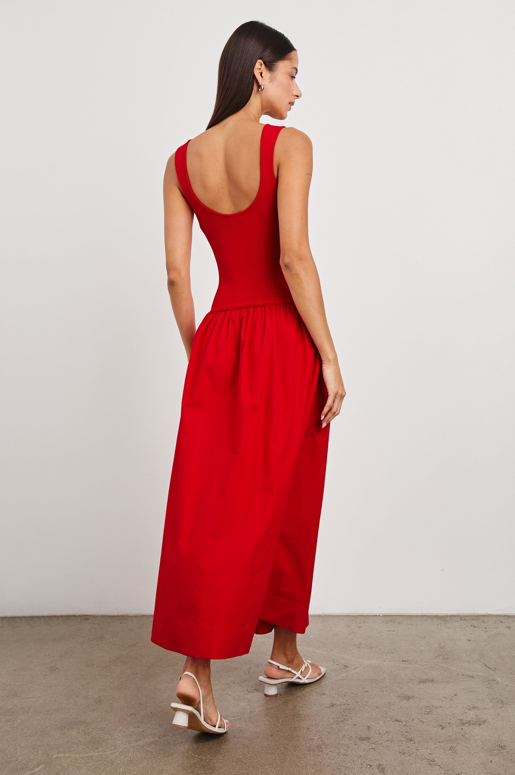 Raquel Maxi Dress with Straps, a Scoop Neckline with Keyhole and Pleats at Waistline in Cherry Colorway - Back Full Body View Featured on Model