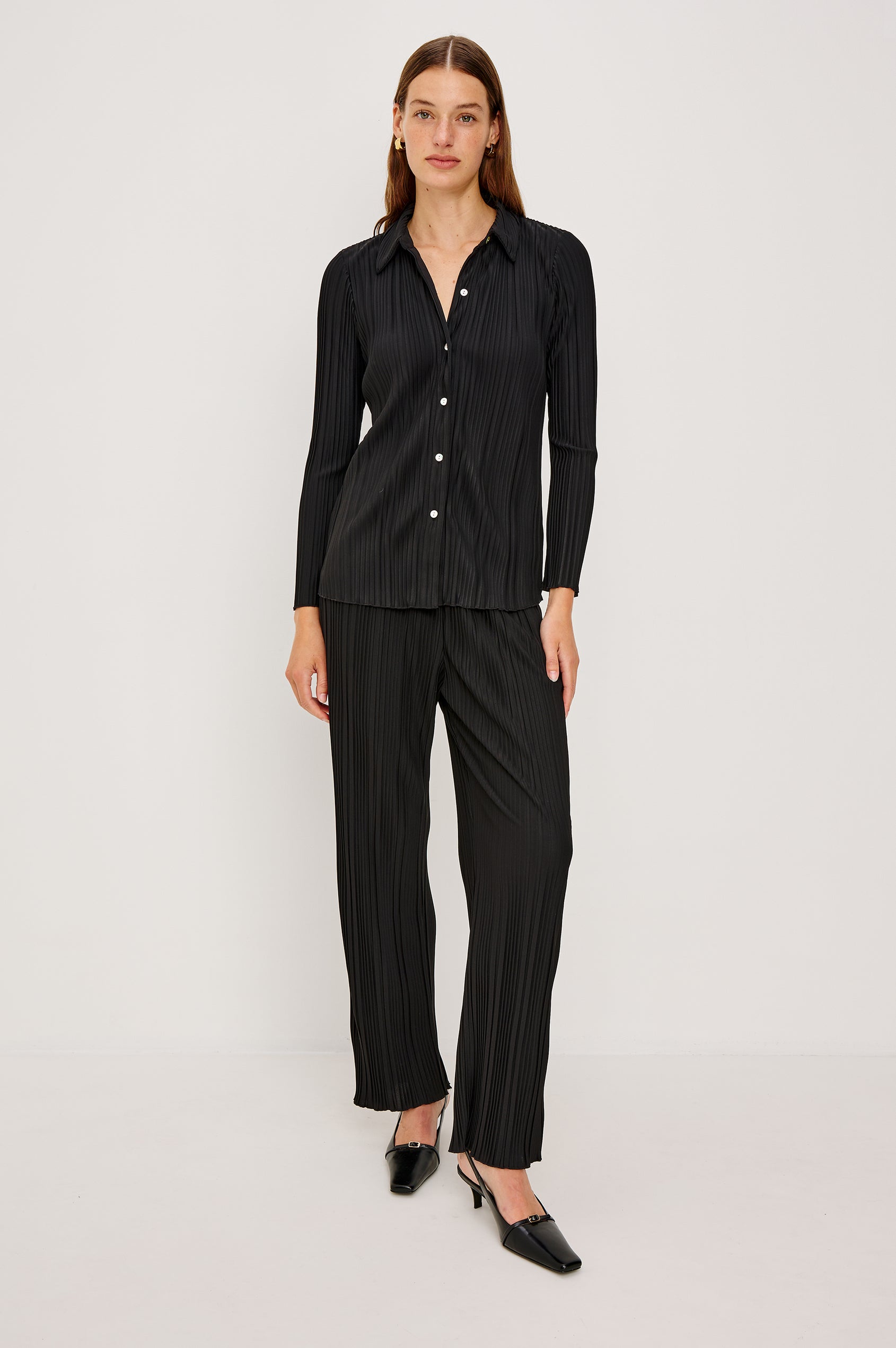 Liana Micro-Pleated Pants with an Elastic Waist in Jet Colorway - Full body Front View Featured on Model 