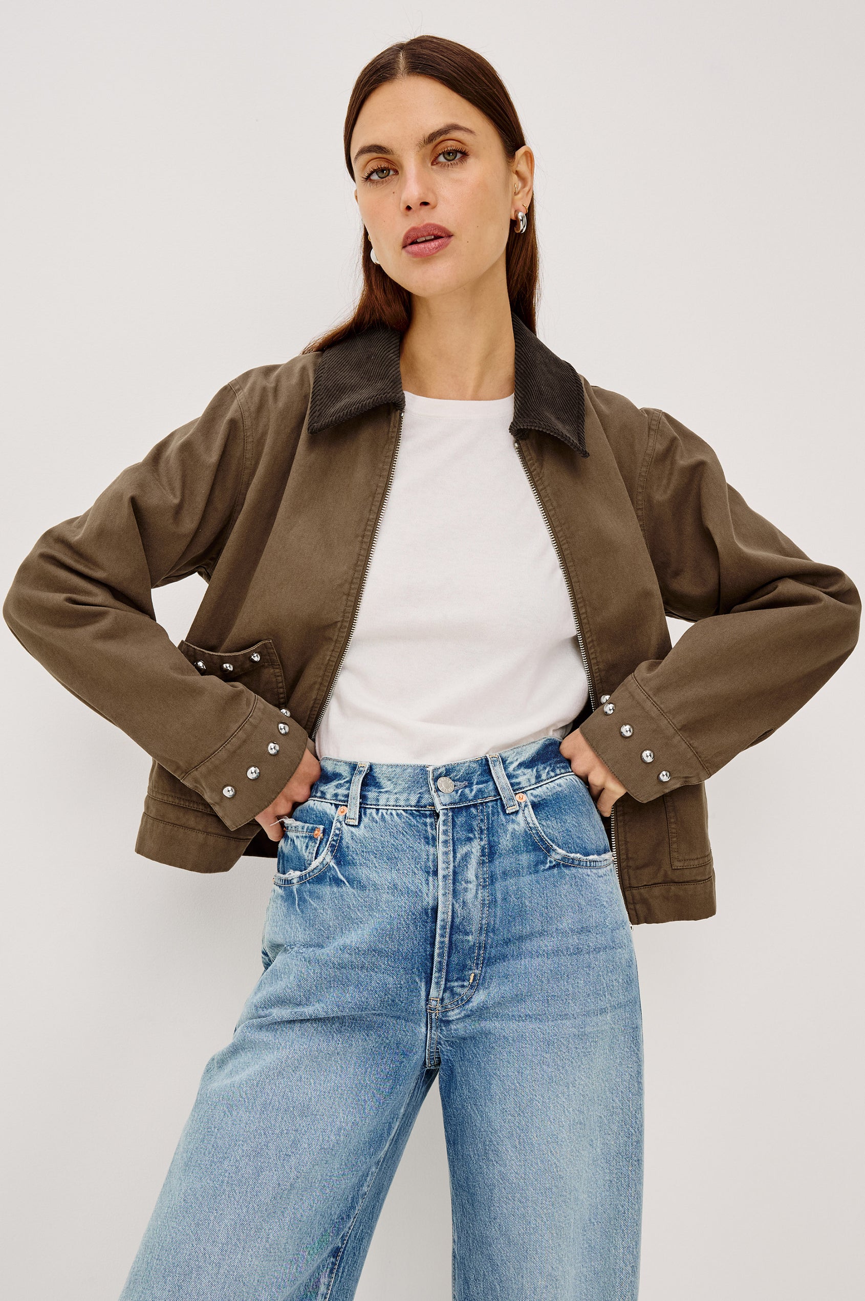 Redding Jacket in Cotton Canvas With Corduroy Collar, Zip Front, Relaxed, Slightly Cropped Relaxed Boxy Fit, Front Patch Pockets, and Dome Stud Detailing in Bronze Colorway - Upper Body Front View Featured on Model