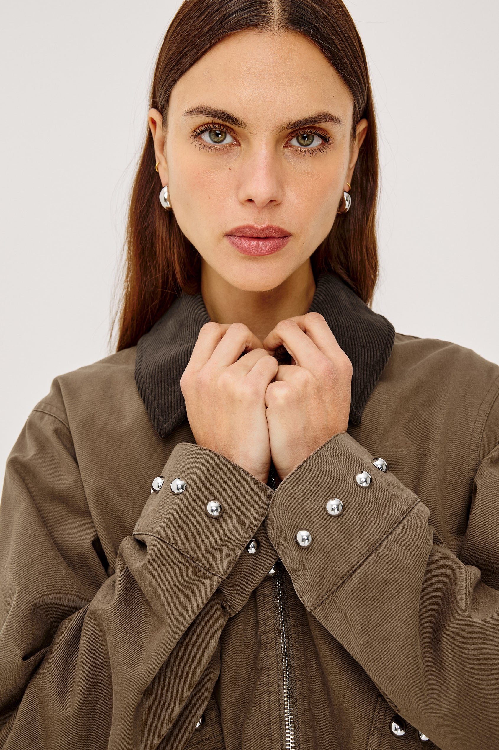 Redding Jacket in Cotton Canvas With Corduroy Collar, Zip Front, Relaxed, Slightly Cropped Relaxed Boxy Fit, Front Patch Pockets, and Dome Stud Detailing in Bronze Colorway - Upper Body Front View Featured on Model
