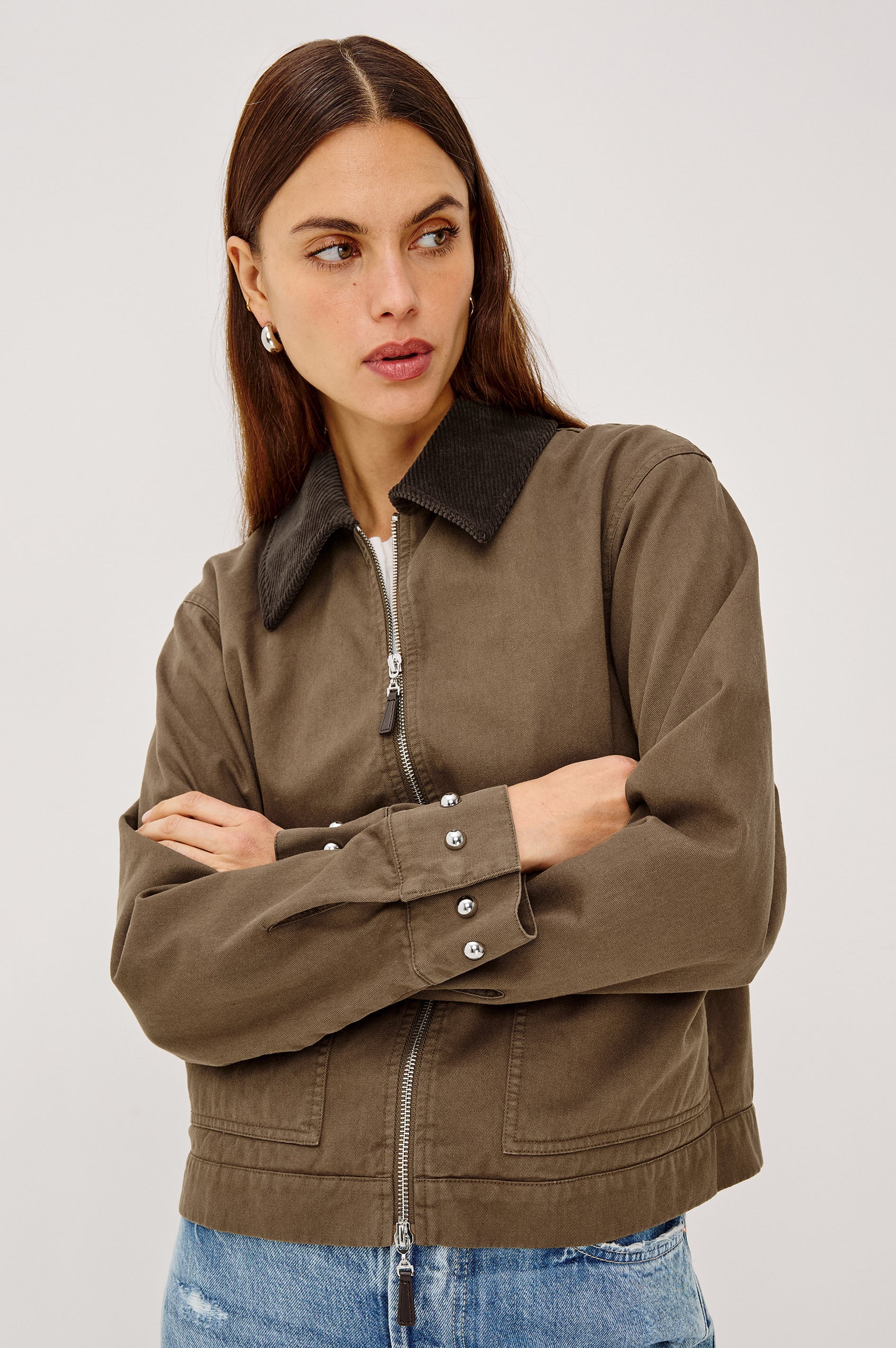 Redding Jacket in Cotton Canvas With Corduroy Collar, Zip Front, Relaxed, Slightly Cropped Relaxed Boxy Fit, Front Patch Pockets, and Dome Stud Detailing in Bronze Colorway - Upper Body Front View Featured on Model