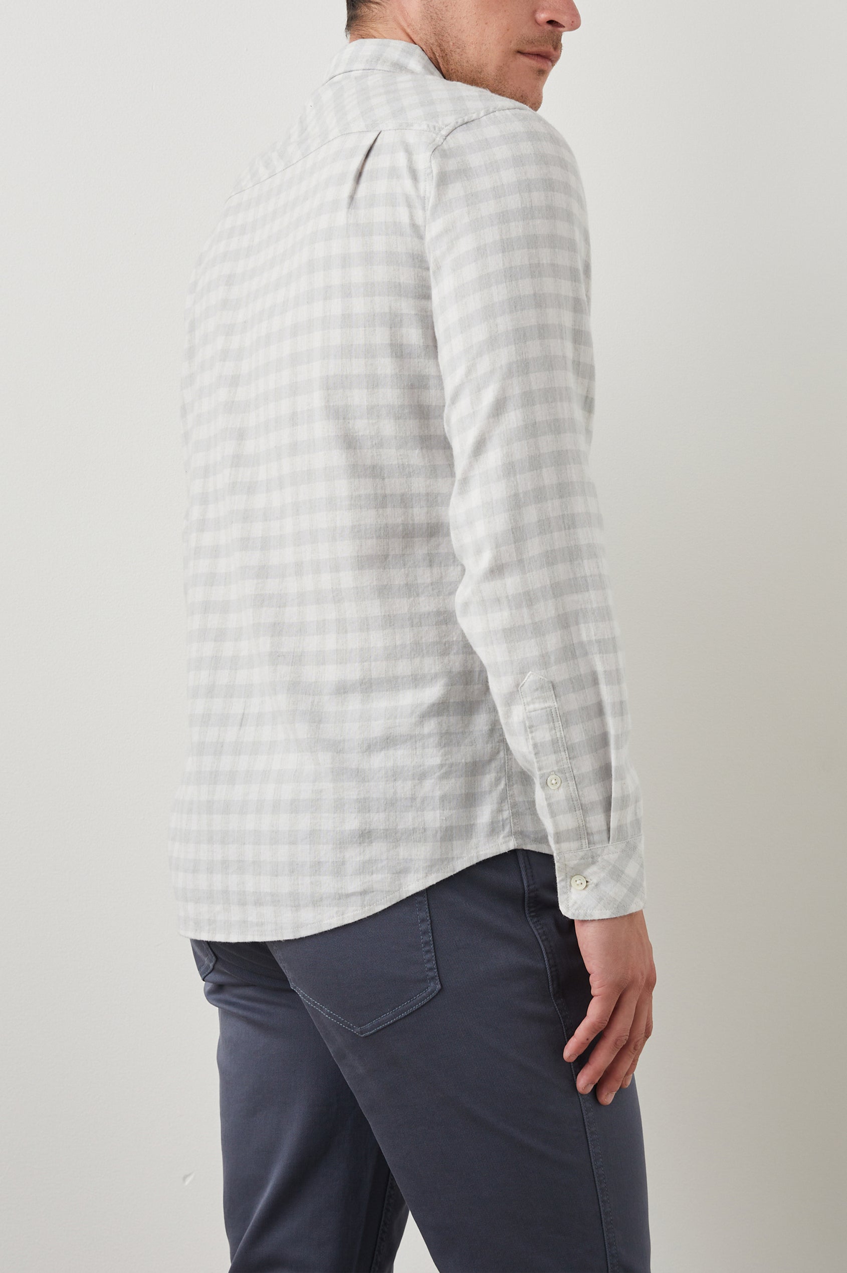 Reid Long-Sleeve Button Up with a Patch Pocket in Alloy White Melange Colorway, a Grey and White plaid - Back View Featured on Model