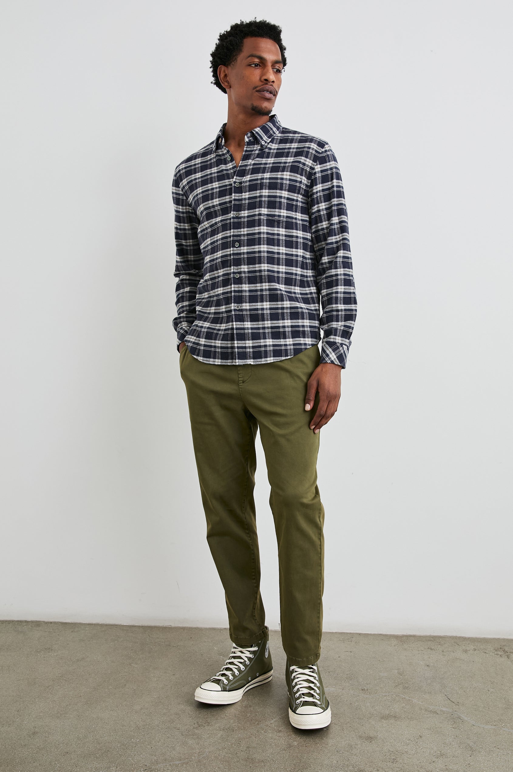 Reid Long-Sleeve Button Up with a Patch Pocket in Navy Lentil Cream Colorway, a Navy, Cream and Brown plaid - Front Full Body View Featured on Model