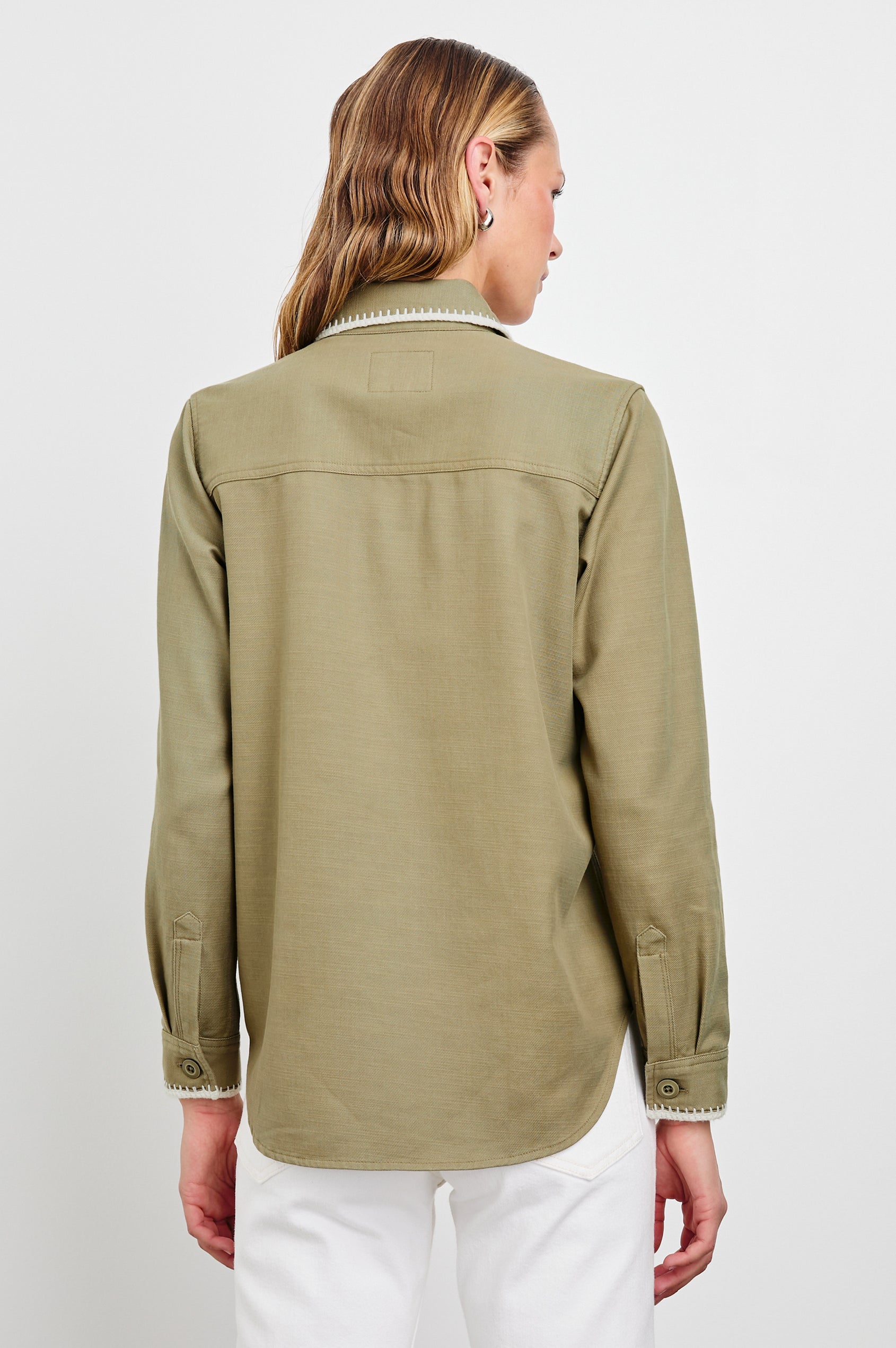Reigh Jacket with Two Chest Patch Pockets and Button Closure in Pale Olive Colorway with White Trim - Back View Featured on Model