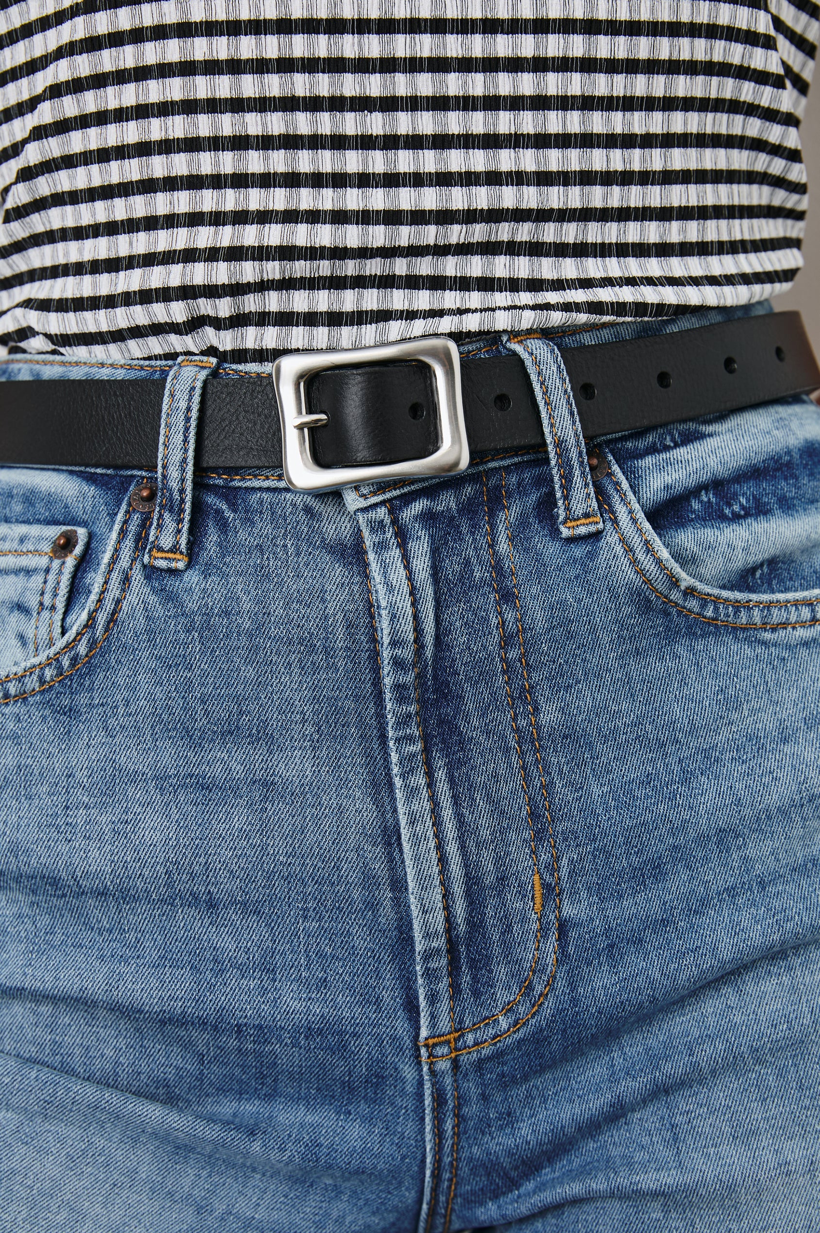 Remi Belt with a Rectangular Buckle with Rounded Corners in Brown Silver Colorway, Brown Belt and Silver-tone Buckle - Front View Featured on Model