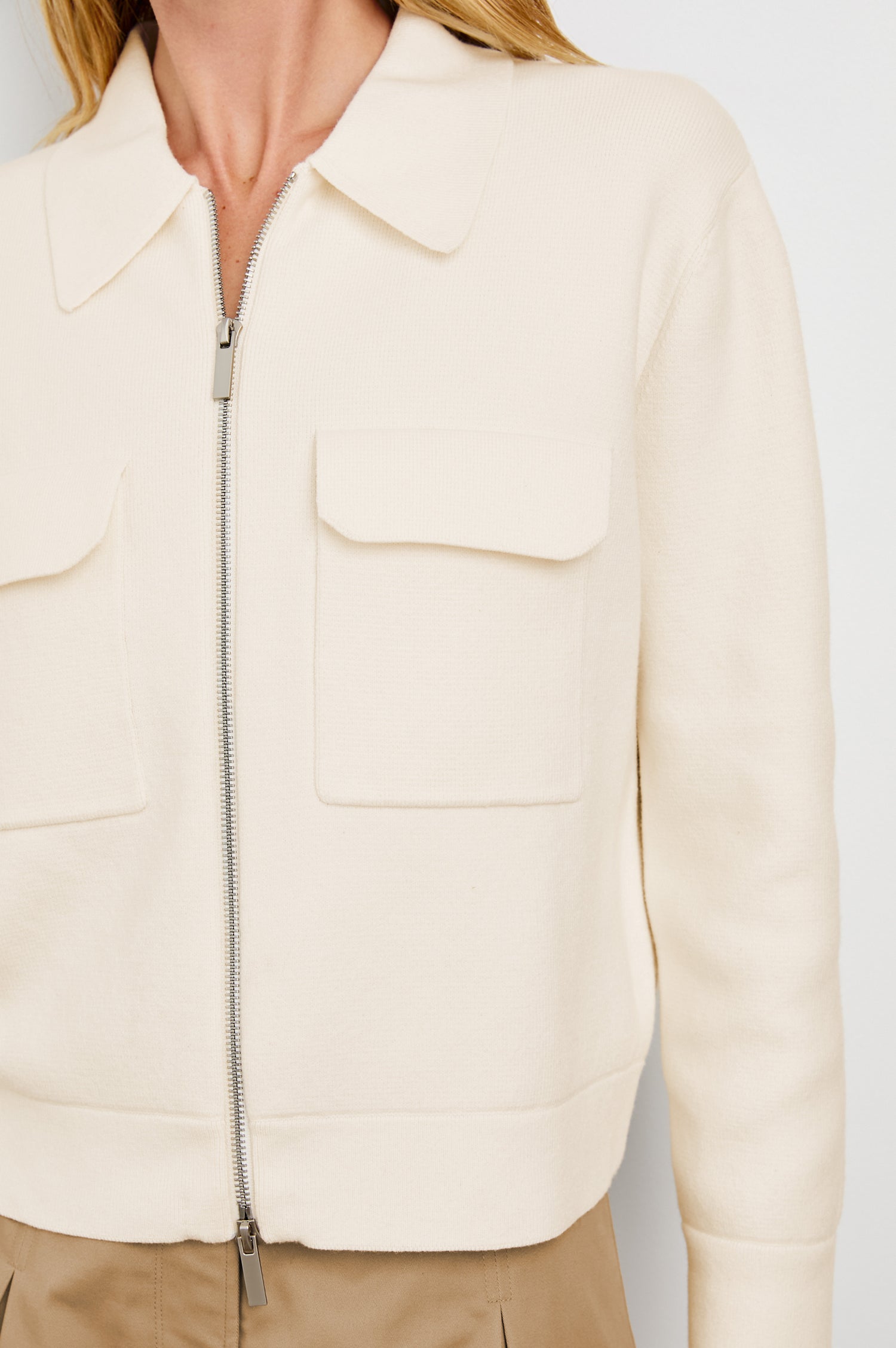 Remington Jacket with Dual-Zip Closure and Two Chest Flap Patch Pockets in Ivory Colorway - Front View Featured on Model