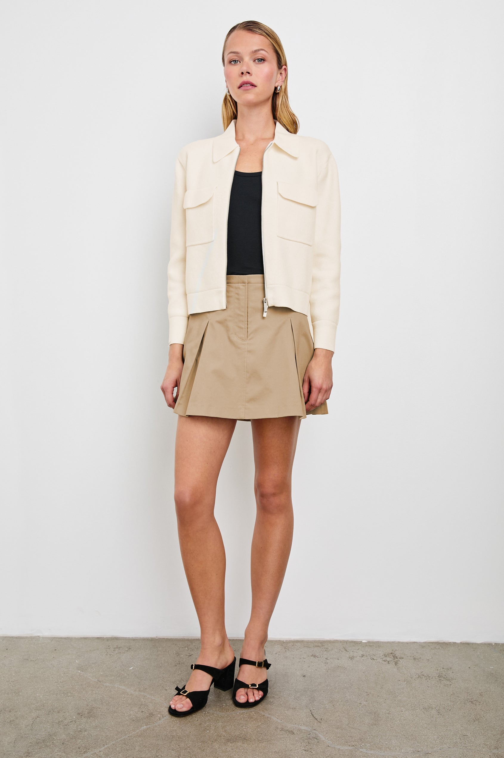 Remington Jacket with Dual-Zip Closure and Two Chest Flap Patch Pockets in Ivory Colorway - Front Full Body View Featured on Model