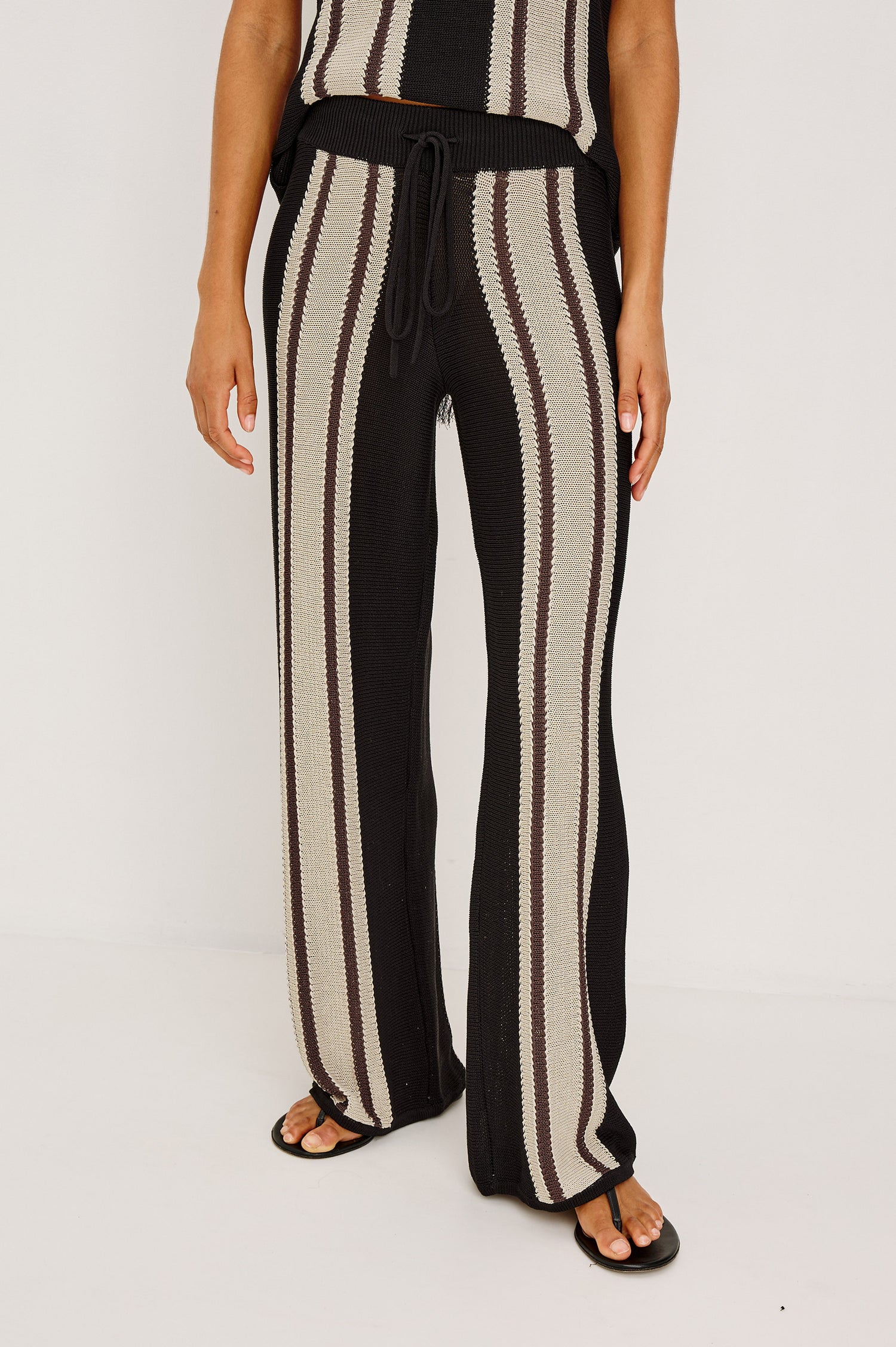 Renee Wide Leg Pant in Knit With High-Waisted Fit, and Drawstring Ties in Espresso Stripe Colorway - Lower Body Front View Featured on Model