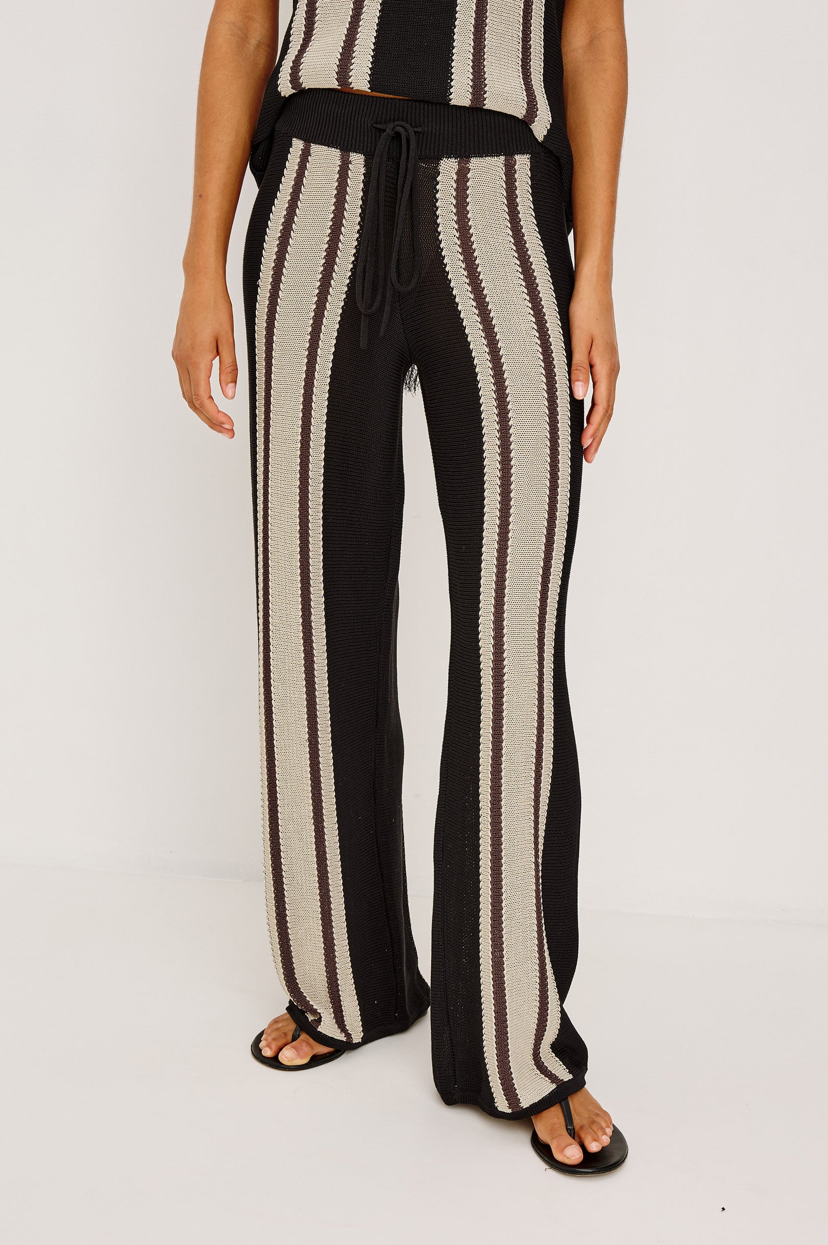 Renee Wide Leg Pant in Knit With High-Waisted Fit, and Drawstring Ties in Espresso Stripe Colorway - Lower Body Front View Featured on Model