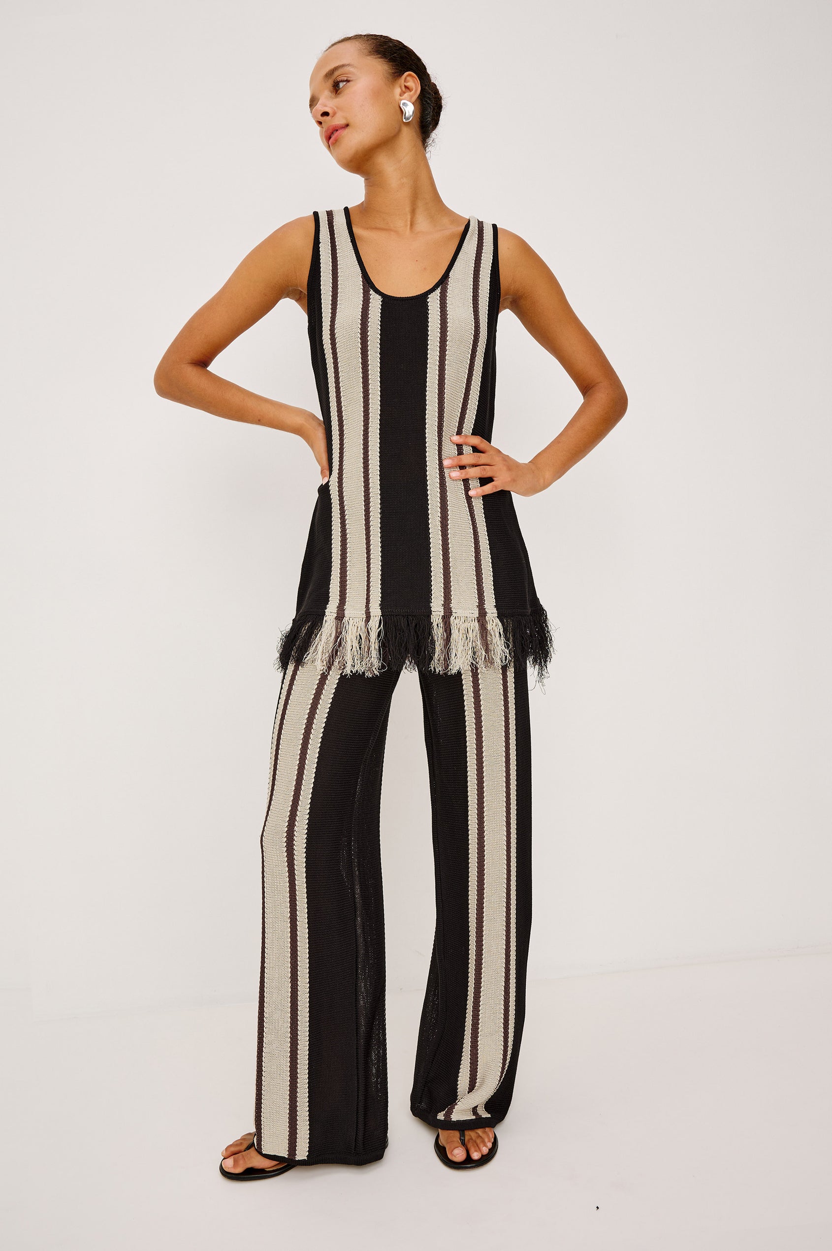 Renee Wide Leg Pant in Knit With High-Waisted Fit, and Drawstring Ties in Espresso Stripe Colorway - Full Body Front View Featured on Model