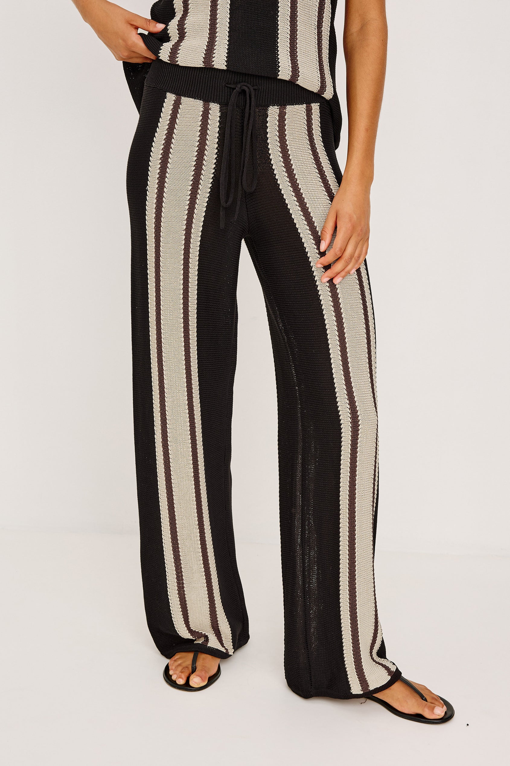 Renee Wide Leg Pant in Knit With High-Waisted Fit, and Drawstring Ties in Espresso Stripe Colorway - Lower Body Front View Featured on Model