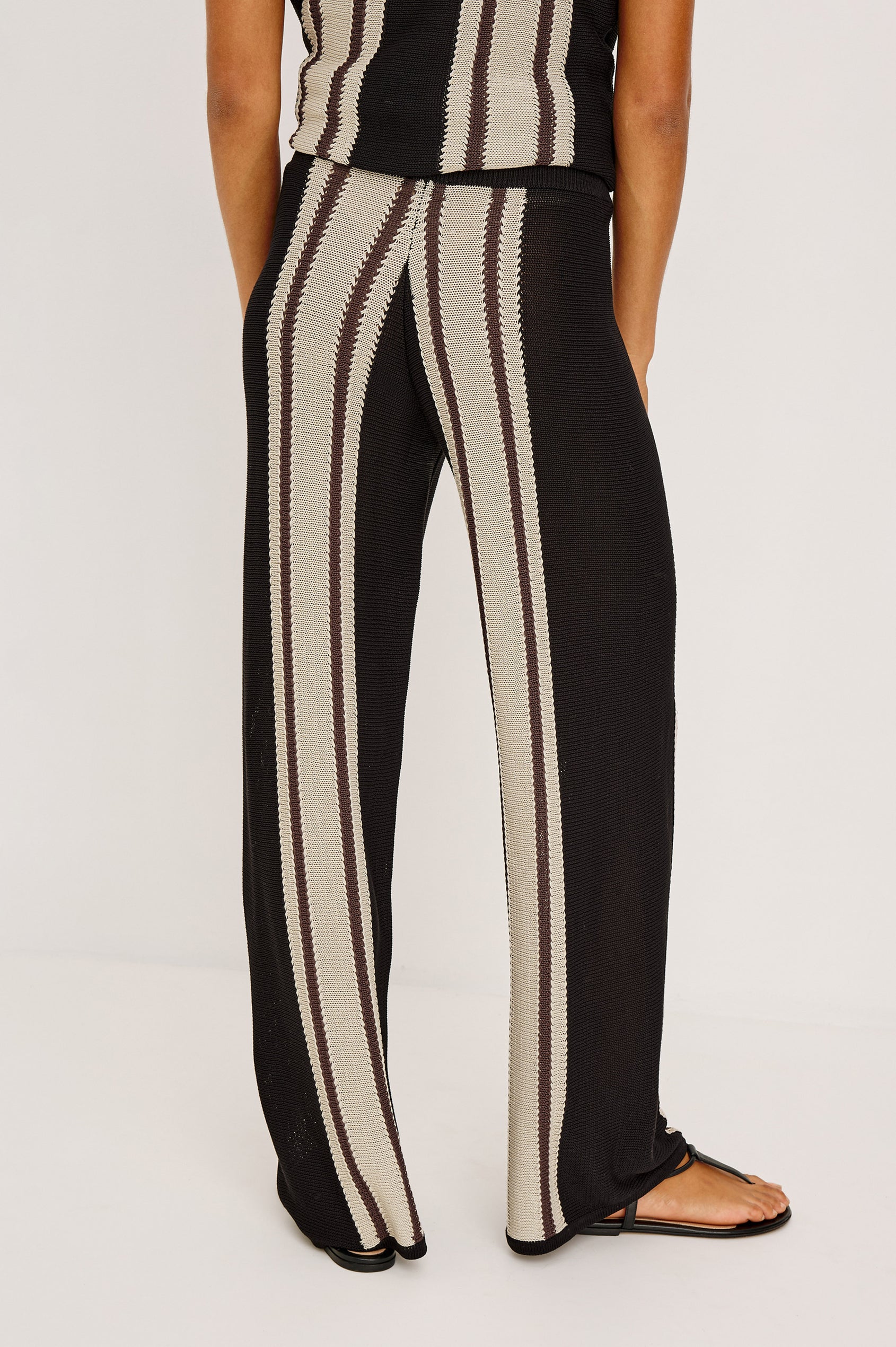 Renee Wide Leg Pant in Knit With High-Waisted Fit, and Drawstring Ties in Espresso Stripe Colorway - Lower Body Back View Featured on Model