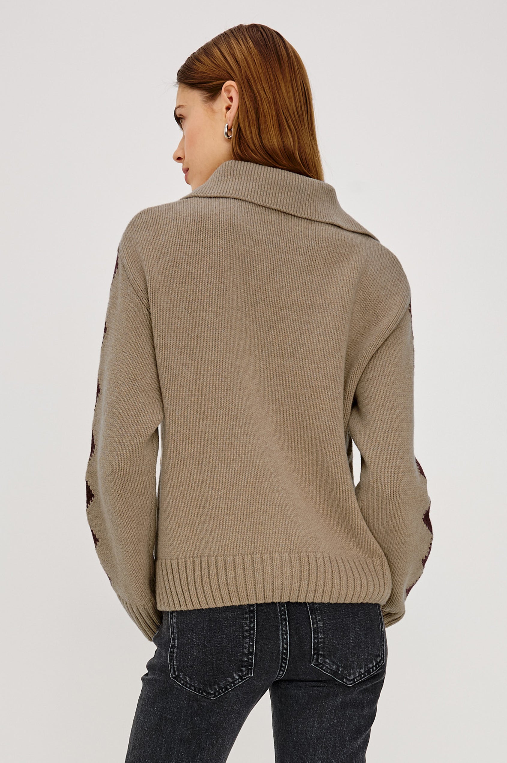 Rhea Sweater in Wool Blened With Intarsia Detailing, Spread Collar, Drop Shoulders, Long Sleeves, Relaxed Fit, Front Zip, and Patch Pockets in Horseshoes Colorway - Upper Body Back View Featured on Model