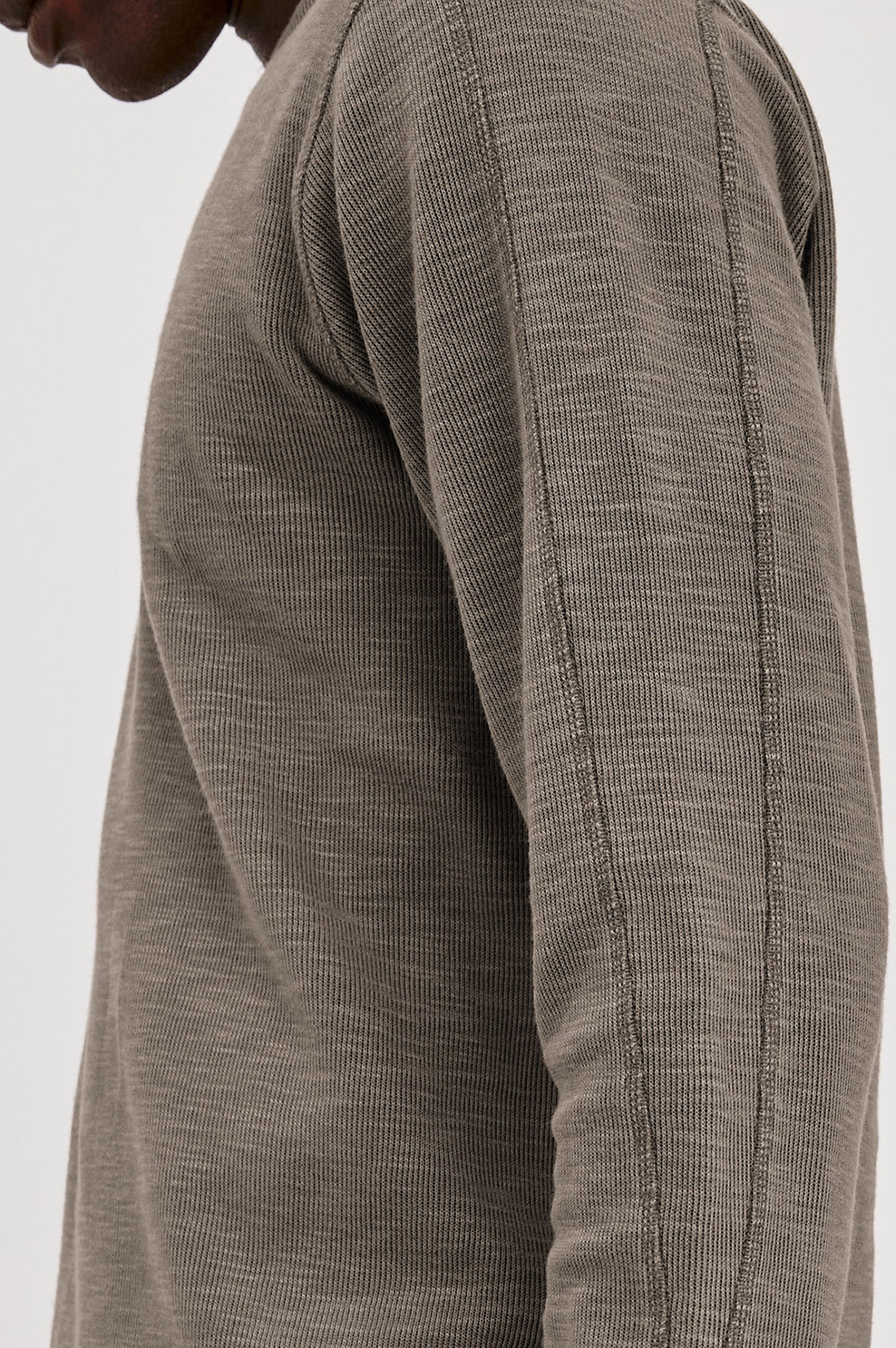 Rheese Long Sleeve Tee in French Rib With Crew Neck, Pullover Fit, and Tonal Seams in Crossroad Colorway - Upper Body Side View Featured on Model