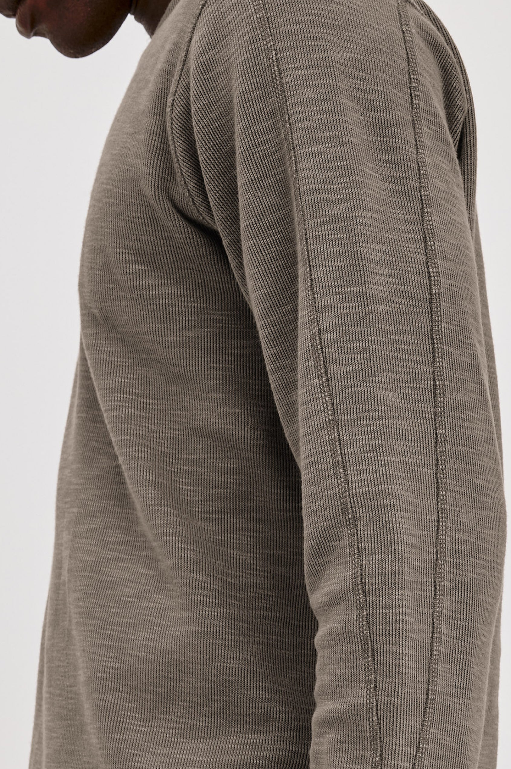 Rheese Long Sleeve Tee in French Rib With Crew Neck, Pullover Fit, and Tonal Seams in Crossroad Colorway - Upper Body Side View Featured on Model
