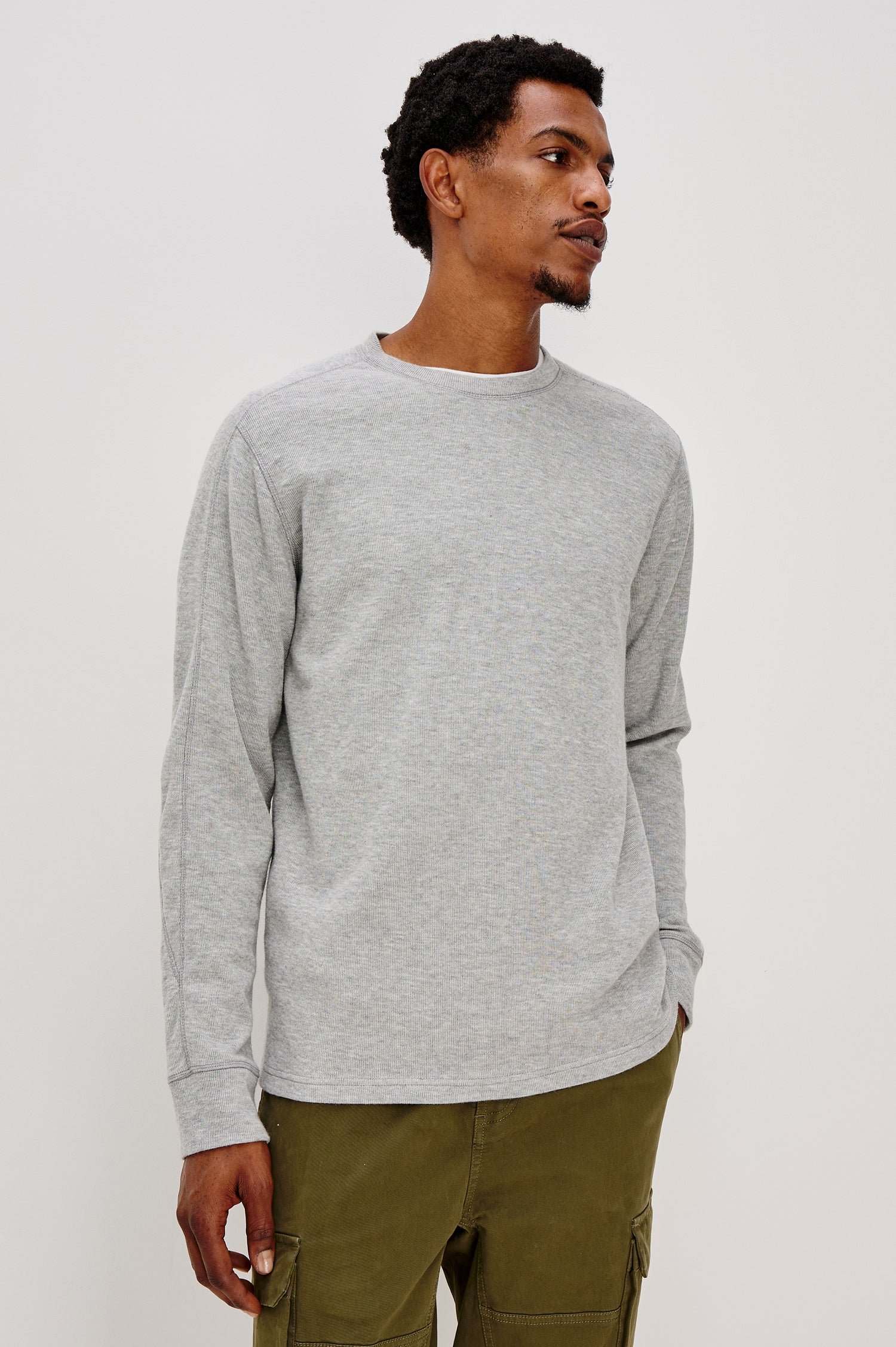 Rheese Long-Sleeve Thermal with Crew Neck and Statement Seams on Sleeves and Back in Grey Heather Colorway - Front View Featured on Model