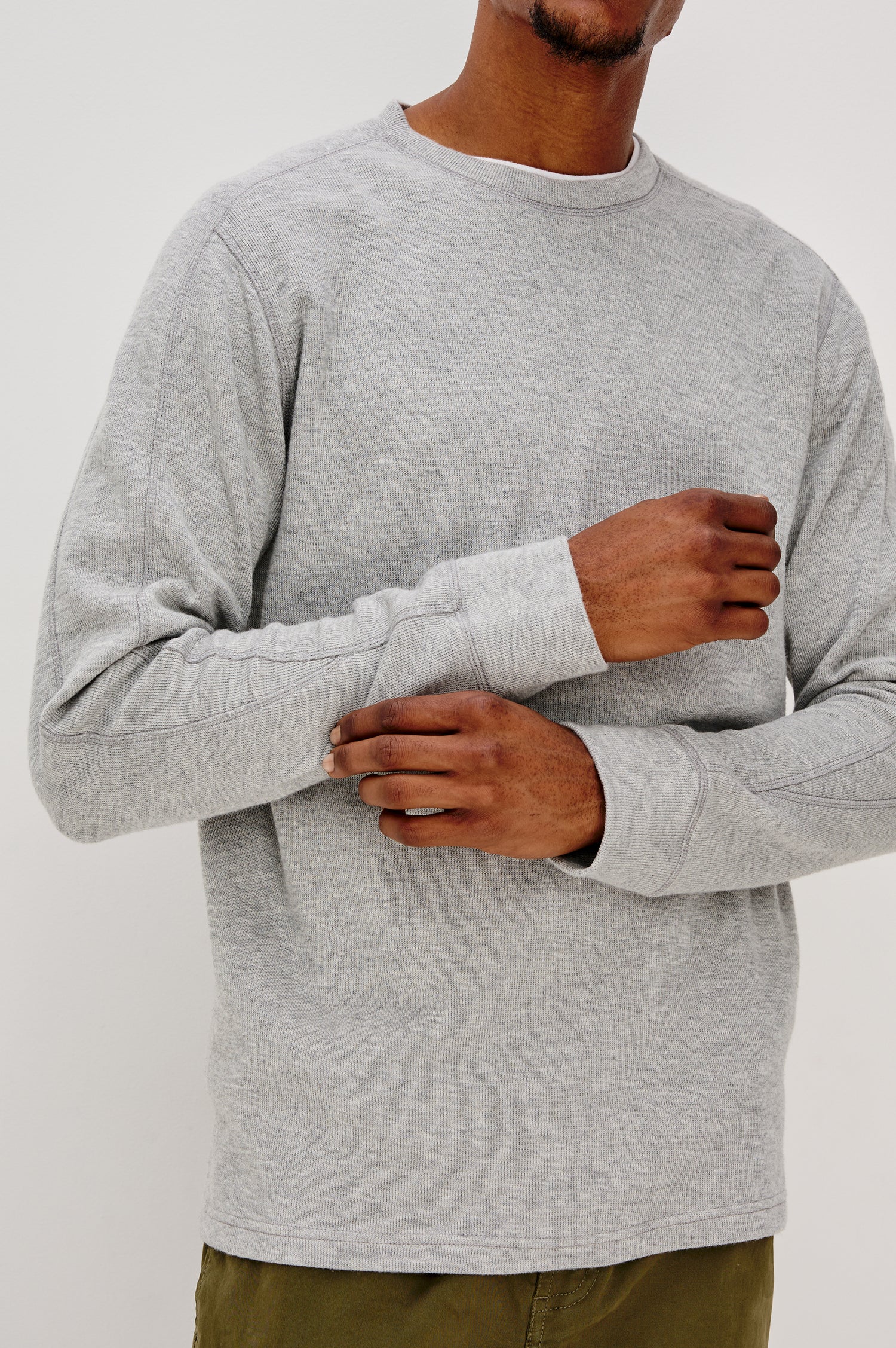 Rheese Long-Sleeve Thermal with Crew Neck and Statement Seams on Sleeves and Back in Grey Heather Colorway - Front Detail View Featured on Model