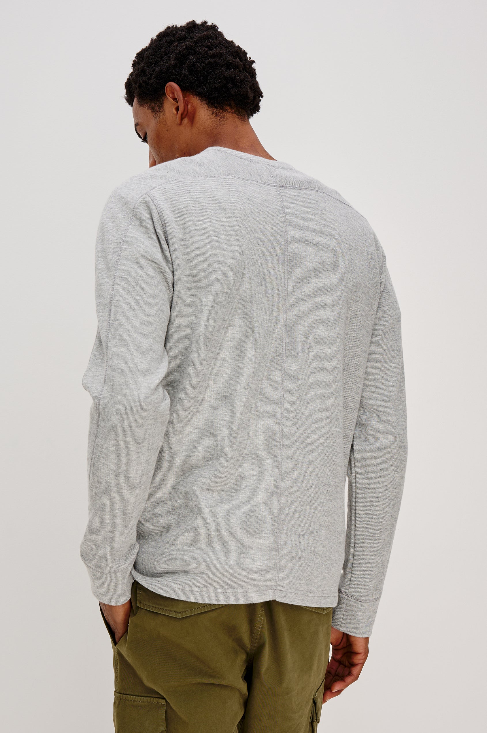 Rheese Long-Sleeve Thermal with Crew Neck and Statement Seams on Sleeves and Back in Grey Heather Colorway - Back View Featured on Model