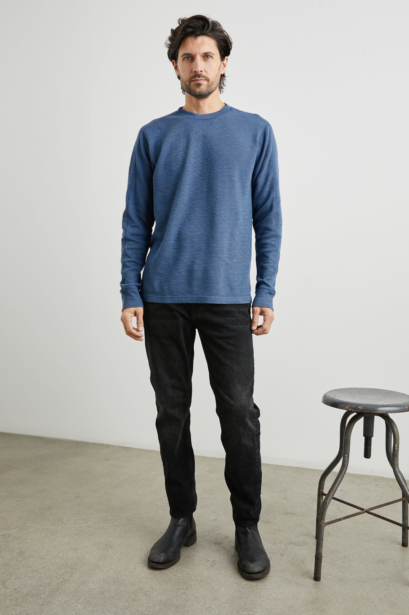 Rheese Long-Sleeve Thermal with Crew Neck and Statement Seams on Sleeves and Back in Steel Colorway - Front Full Body View Featured on Model