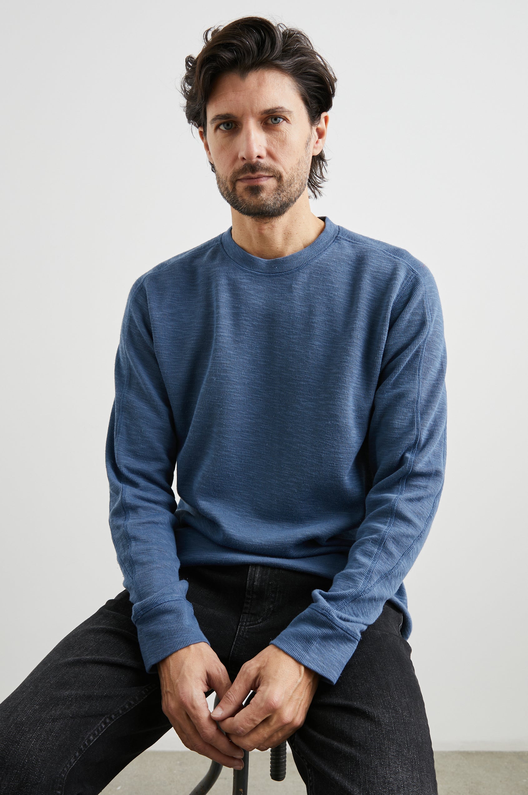 Rheese Long-Sleeve Thermal with Crew Neck and Statement Seams on Sleeves and Back in Steel Colorway - Front View Featured on Model