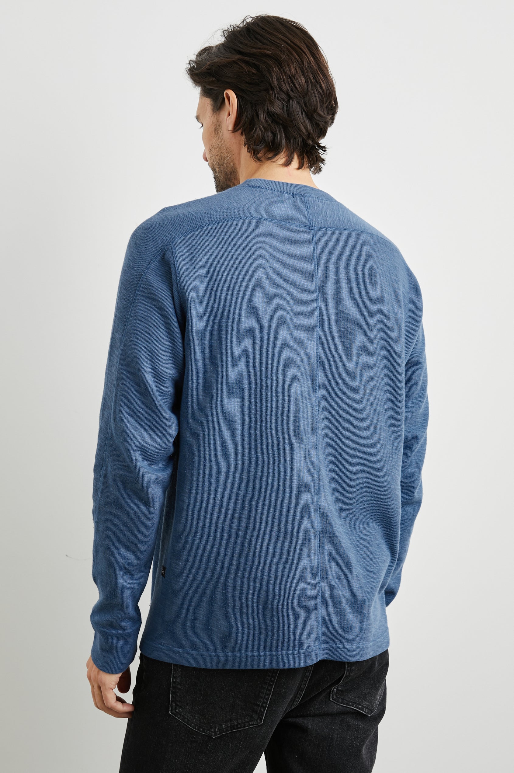 Rheese Long-Sleeve Thermal with Crew Neck and Statement Seams on Sleeves and Back in Steel Colorway - Back View Featured on Model