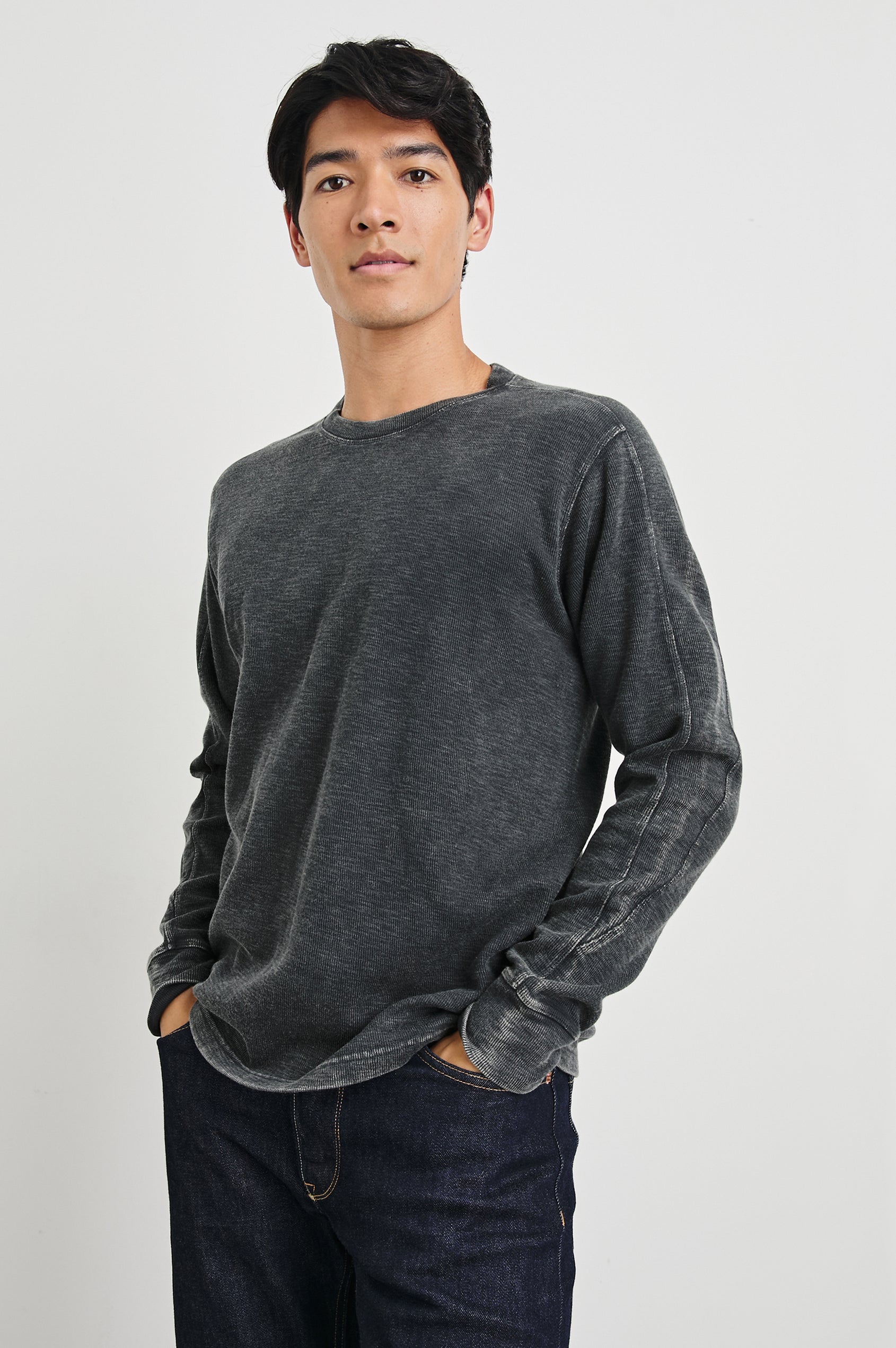 Rheese Long-Sleeve Thermal with Crew Neck and Statement Seams on Sleeves and Back in Washed Black Colorway - Front View Featured on Model