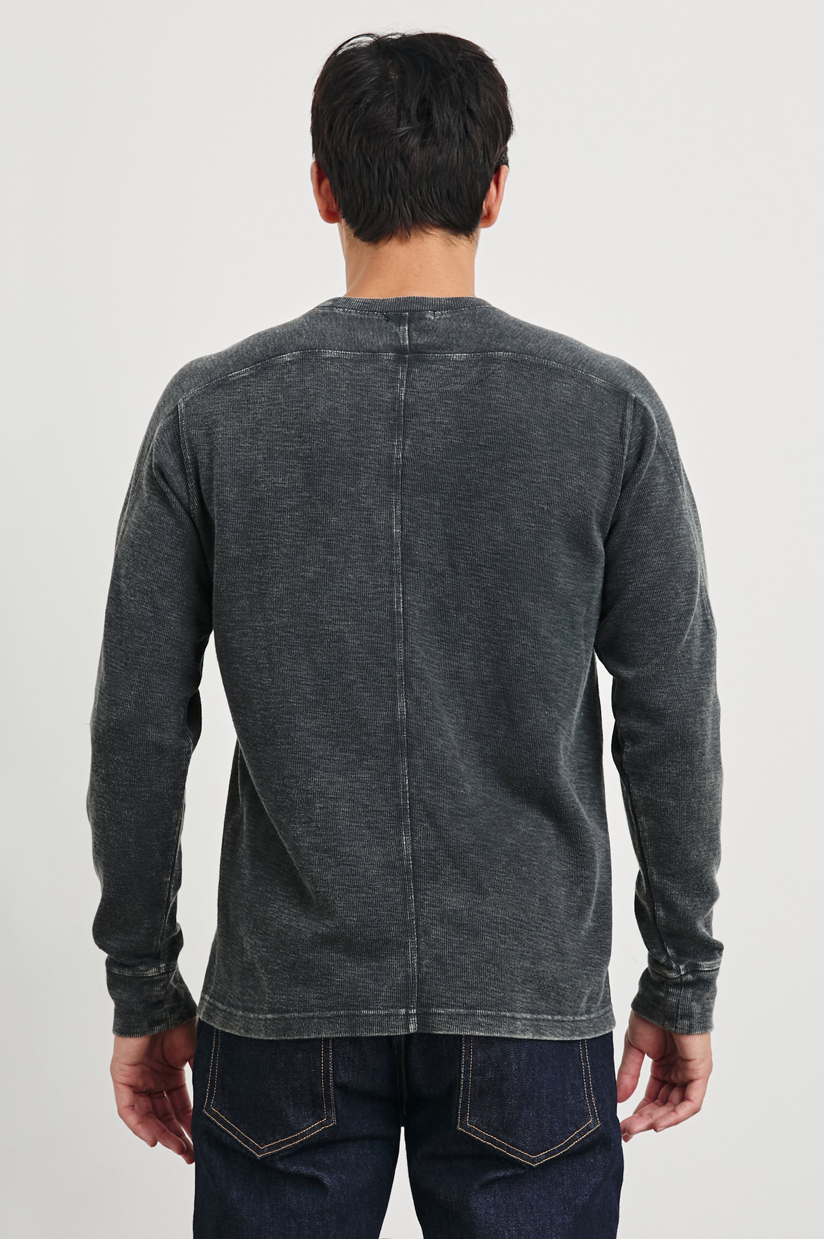 Rheese Long-Sleeve Thermal with Crew Neck and Statement Seams on Sleeves and Back in Washed Black Colorway - Back View Featured on Model