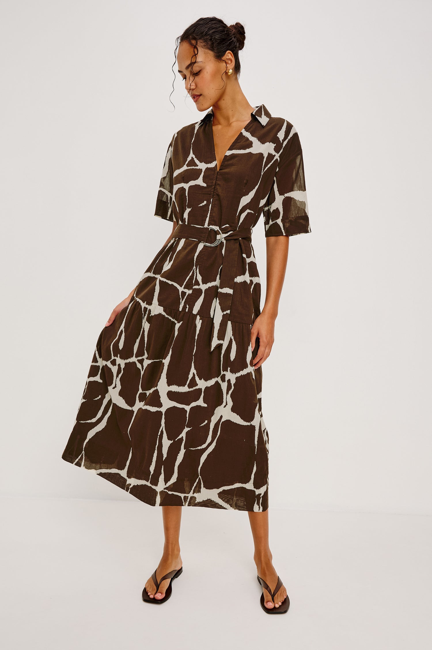 Richmond Midi Dress in Cotton With Collar Front Button Placket Side Pockets D-Ring Waist Belt Short Sleeves and Relaxed Fit in Terra Colorway - Full Body Front View Featured on Model