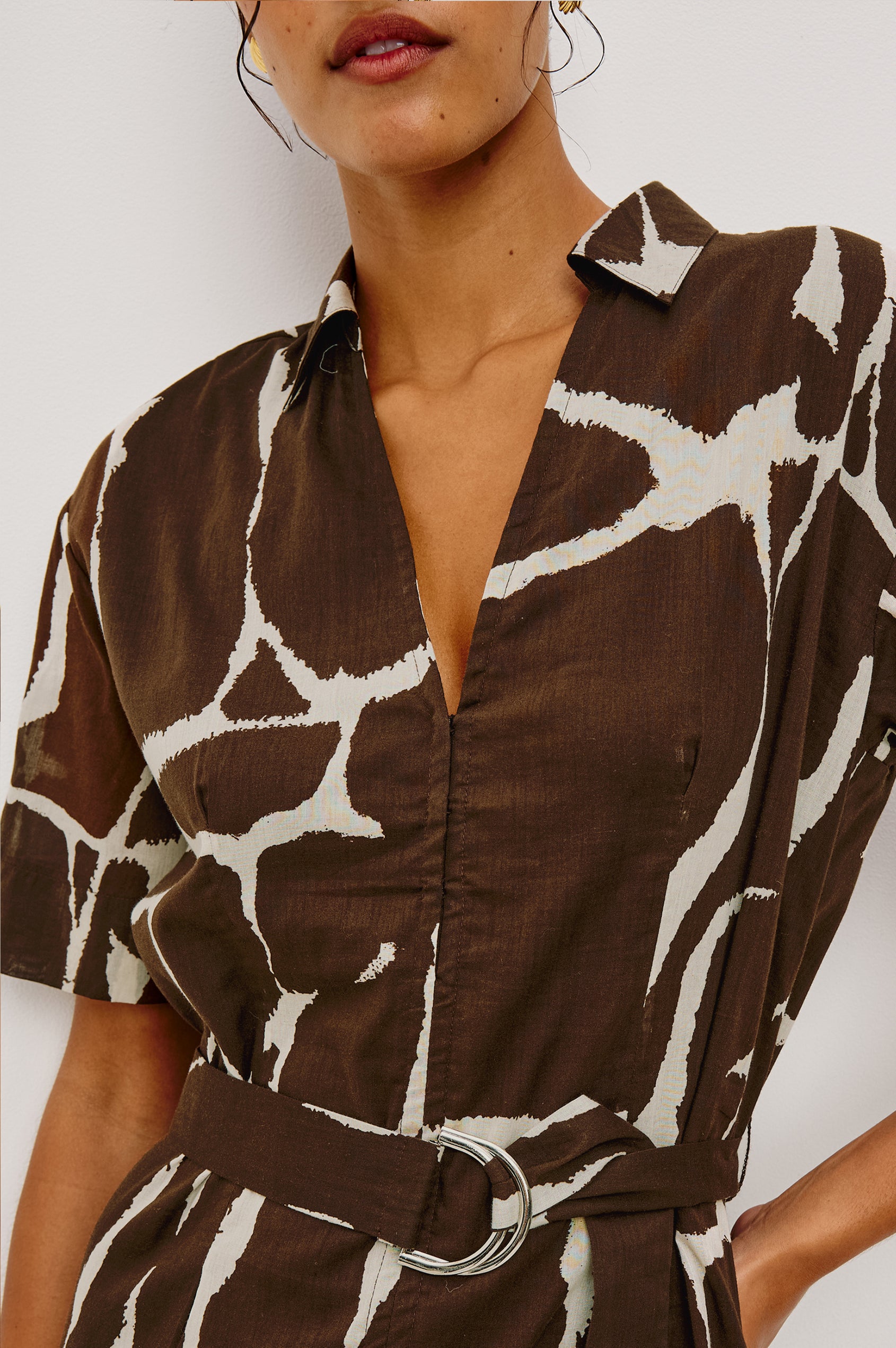 Richmond Midi Dress in Cotton With Collar Front Button Placket Side Pockets D-Ring Waist Belt Short Sleeves and Relaxed Fit in Terra Colorway - Full Body Close Up Front View Featured on Model