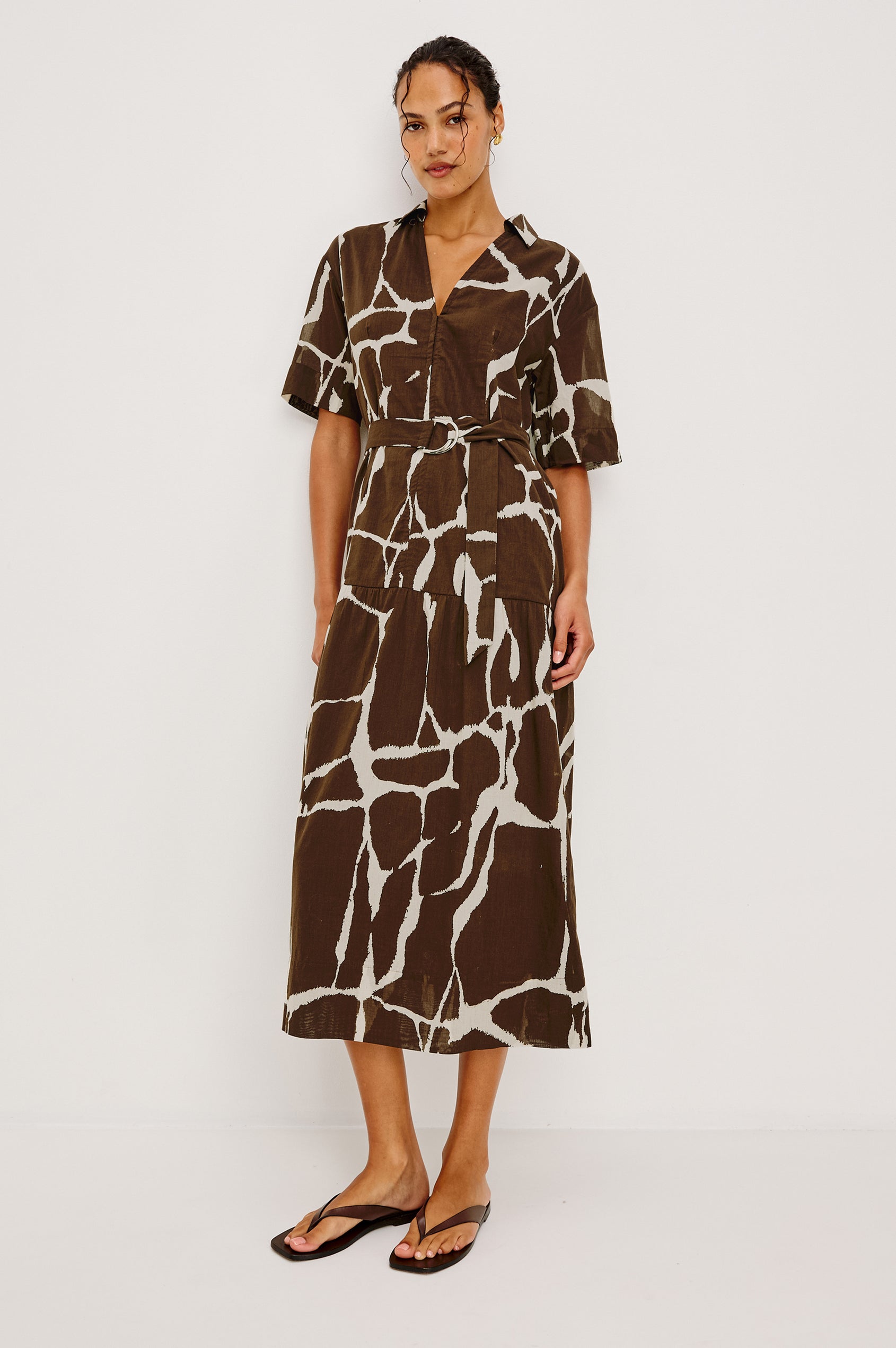 Richmond Midi Dress in Cotton With Collar Front Button Placket Side Pockets D-Ring Waist Belt Short Sleeves and Relaxed Fit in Terra Colorway - Full Body Front View Featured on Model