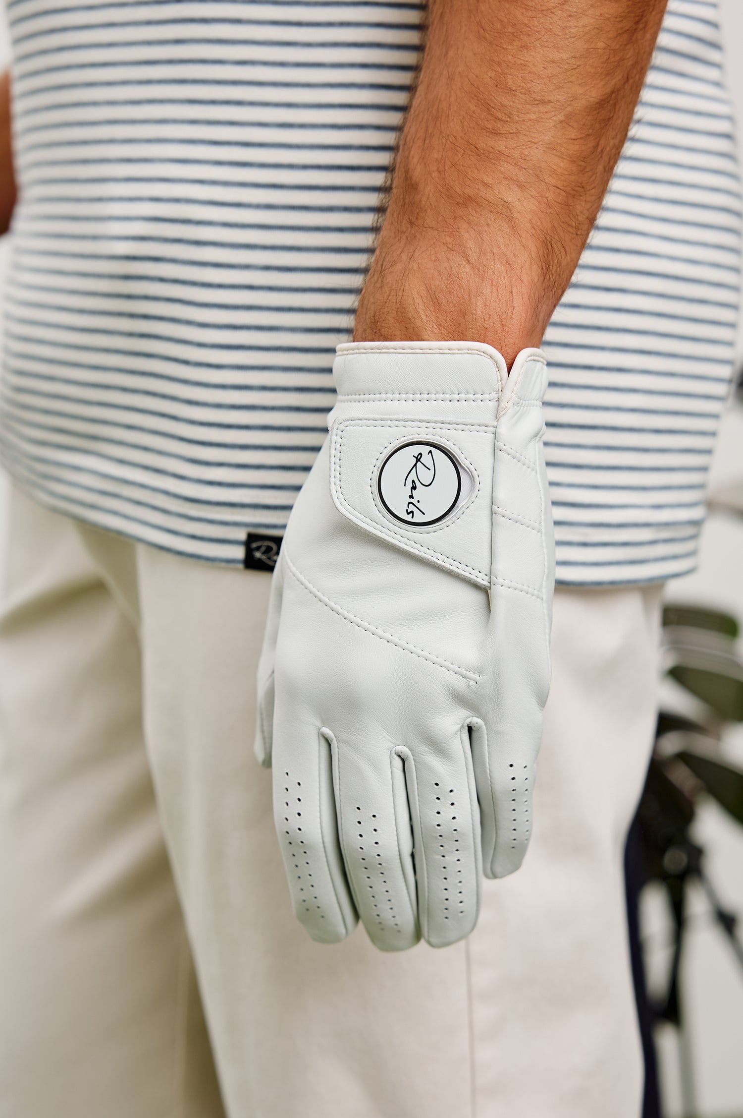 Right Handed Golf Gloves in Leather With Rails Logo Detail in White Colorway - Stylized Product View Featured