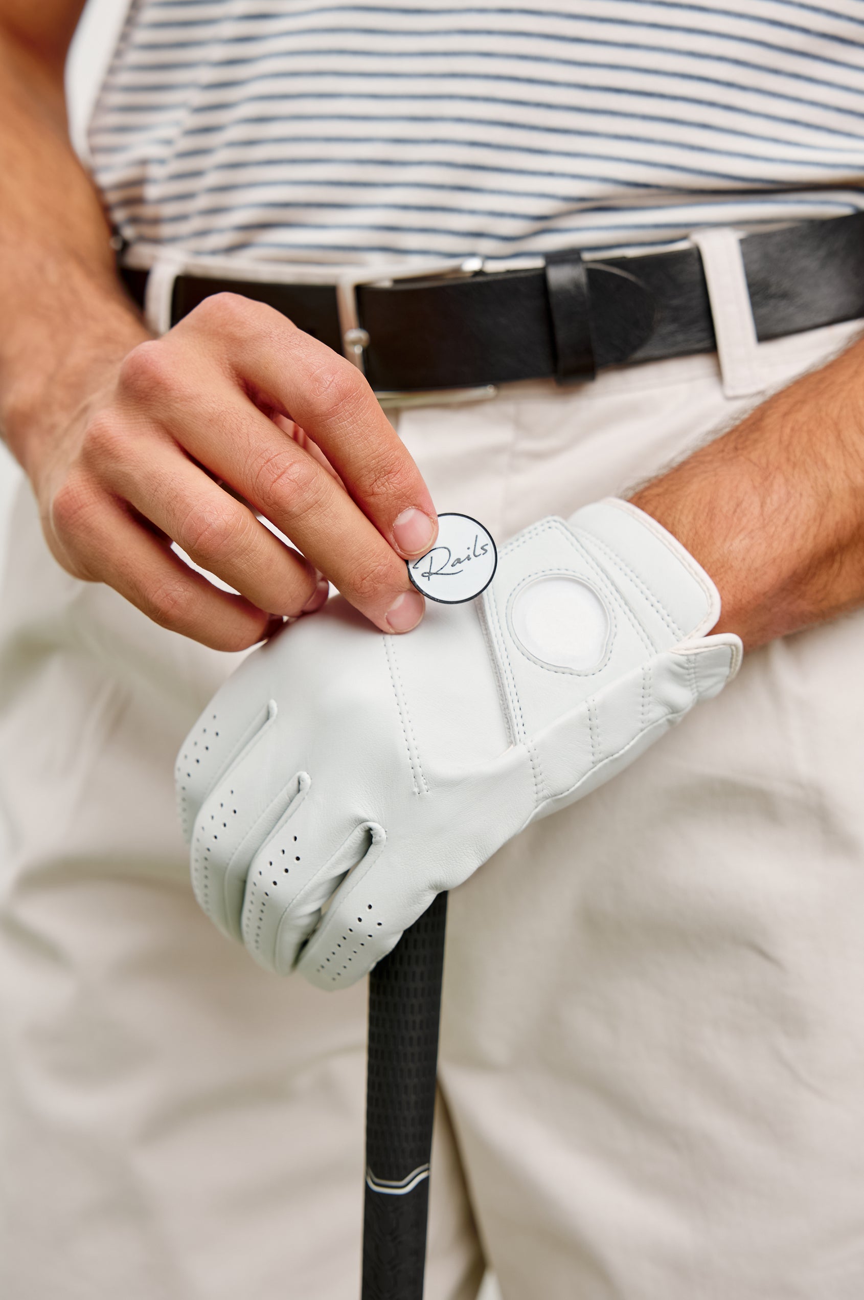 Right Handed Golf Gloves in Leather With Rails Logo Detail in White Colorway - Stylized Product View Featured
